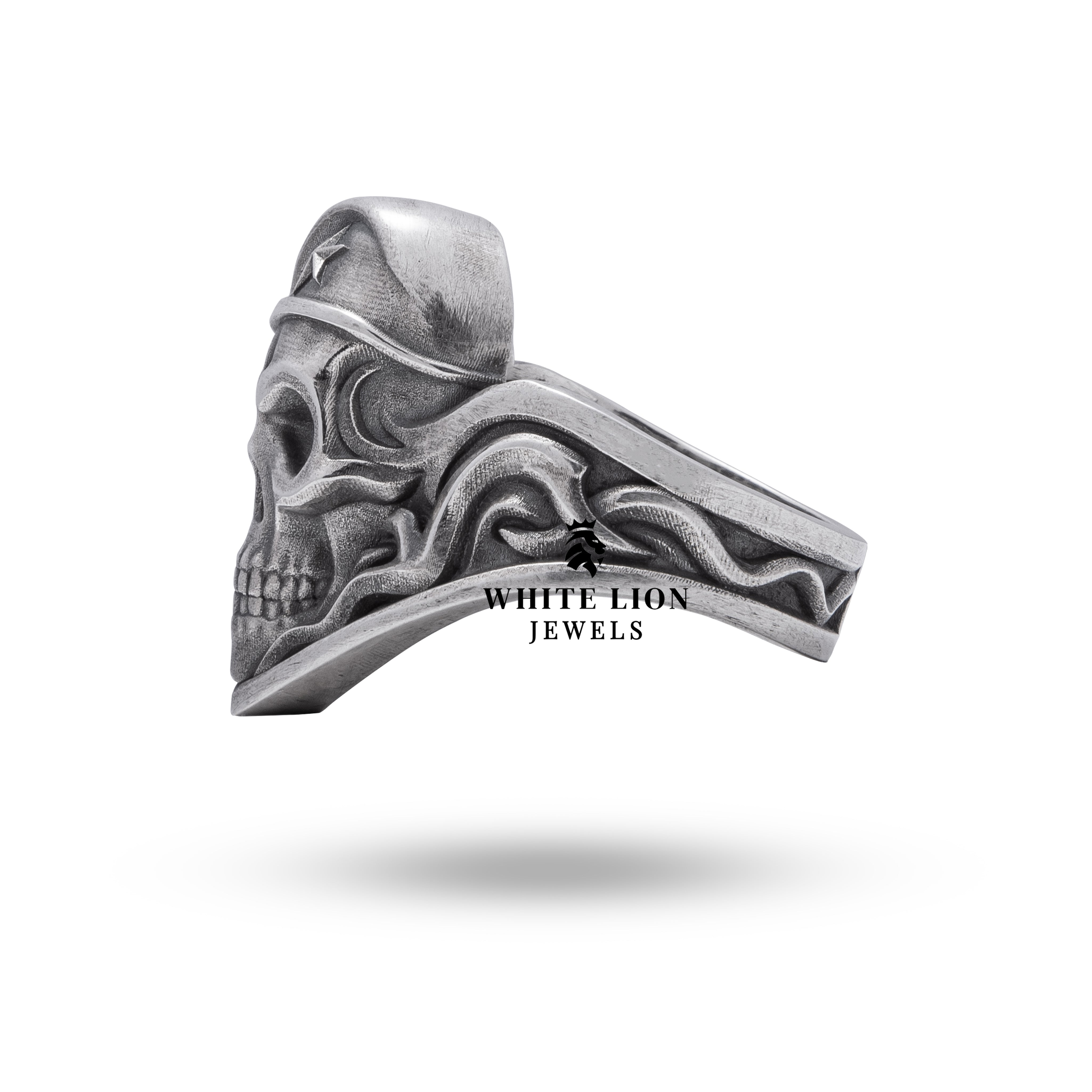 Close-up of 925 Sterling Silver Ring showing the oxidized finish and skull design intricacies.