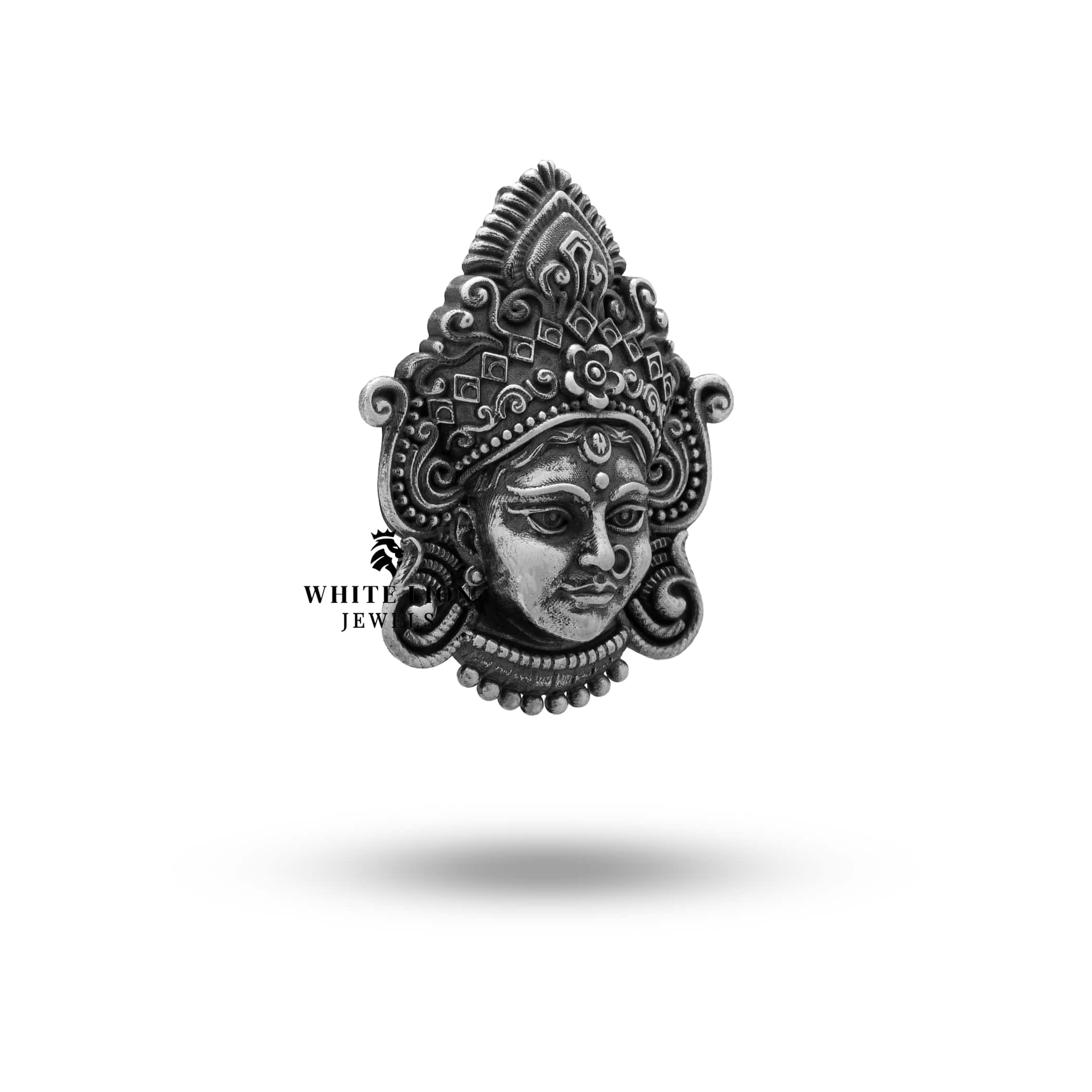 Side view of Goddess Durga Mahadevi Silver Brooch revealing depth and craftsmanship of design.