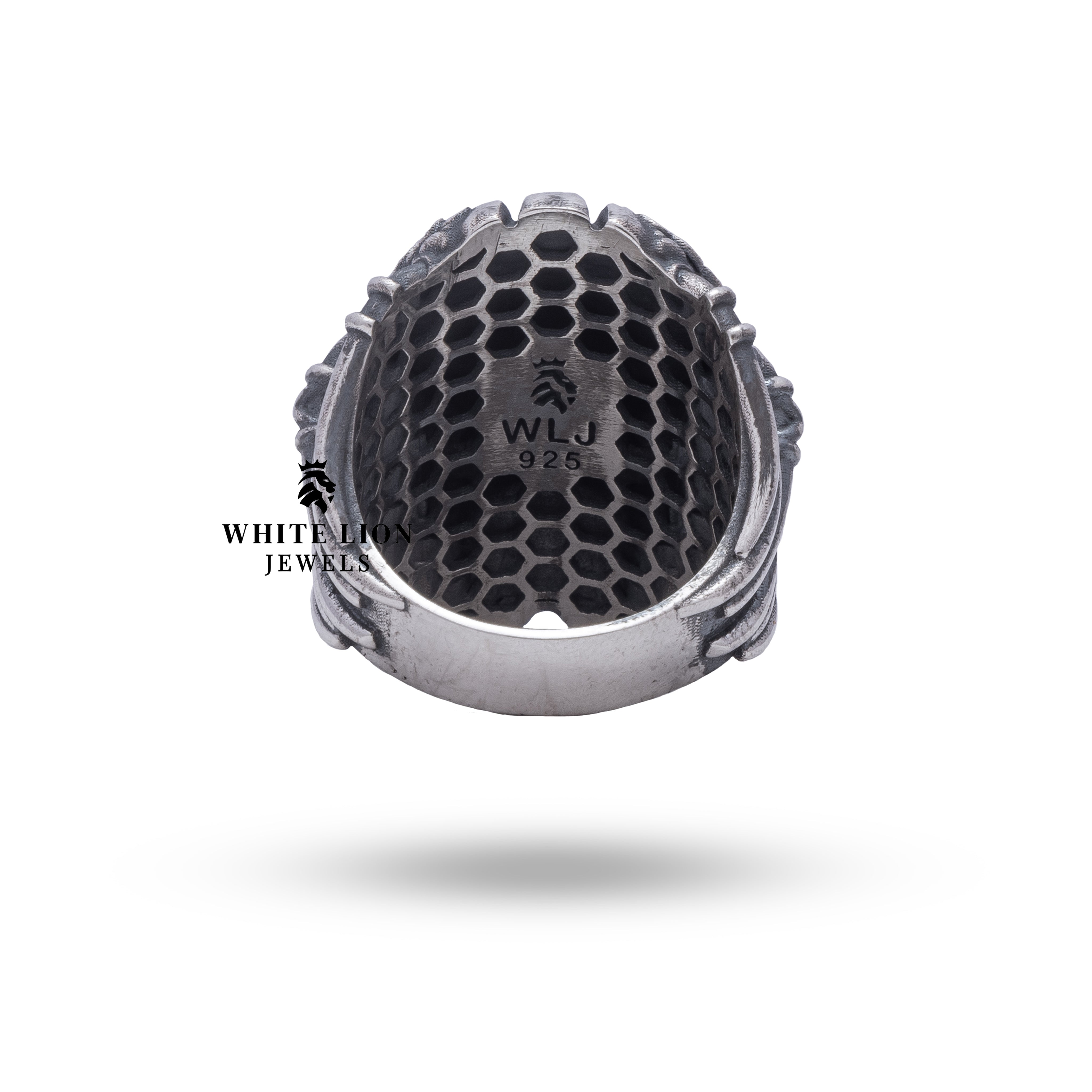 Close-up of the detailed etching on the Vampire Predator Vulture Bloodsucker Sterling Silver Ring.