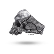Angled view of Oxidized Sterling Silver Half Jaw Skull Ring