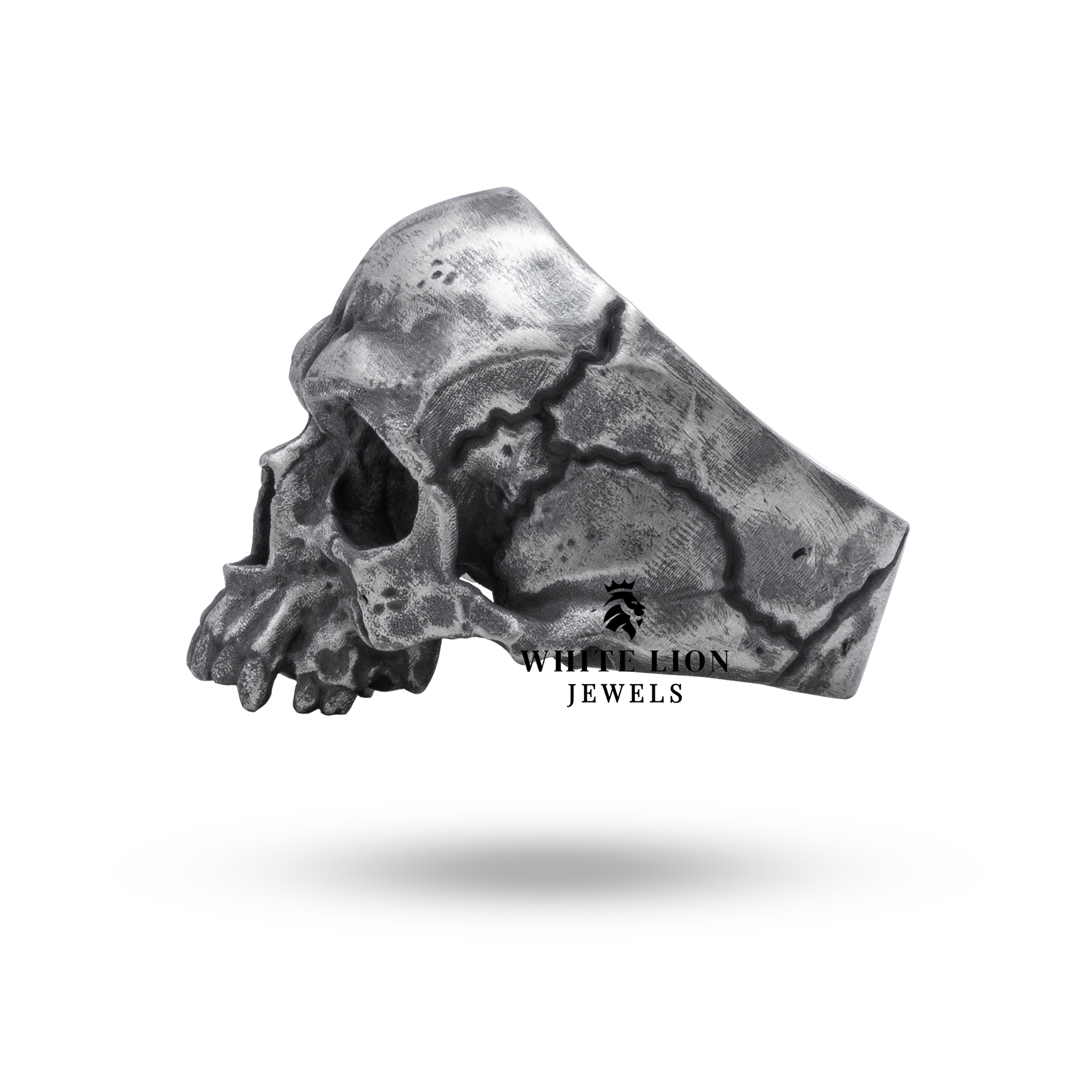 Angled view of Oxidized Sterling Silver Half Jaw Skull Ring