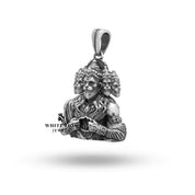Detailed close-up of Panchmukhi Hanuman's face on 925 sterling silver pendant with oxidized finish.