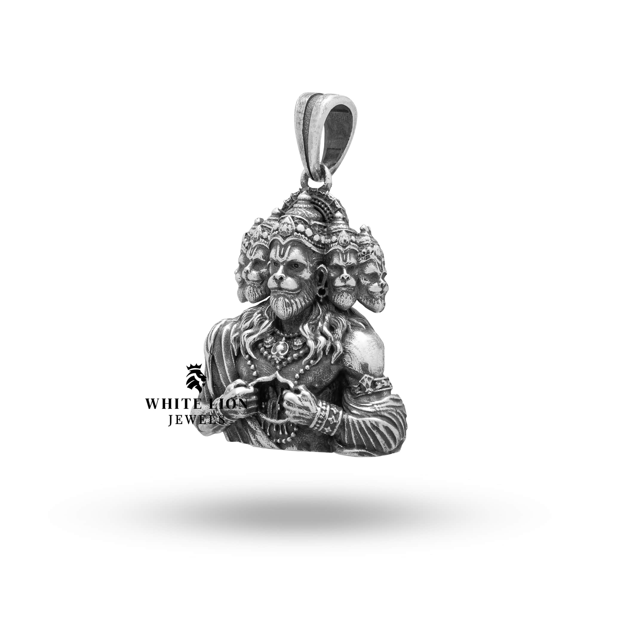 Detailed close-up of Panchmukhi Hanuman's face on 925 sterling silver pendant with oxidized finish.