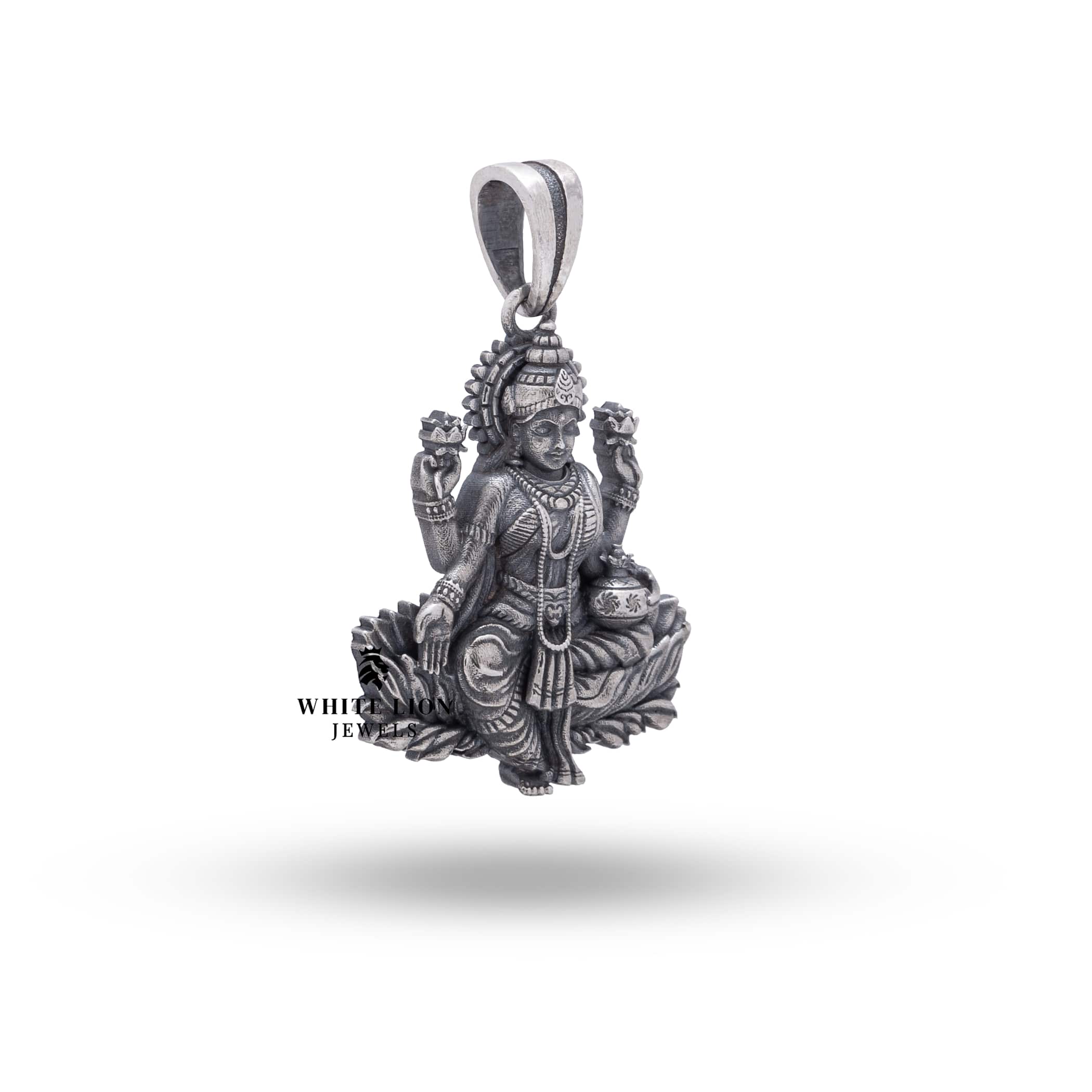 Oxidized silver pendant with elaborate depiction of Goddess Laxmi for fortune.
