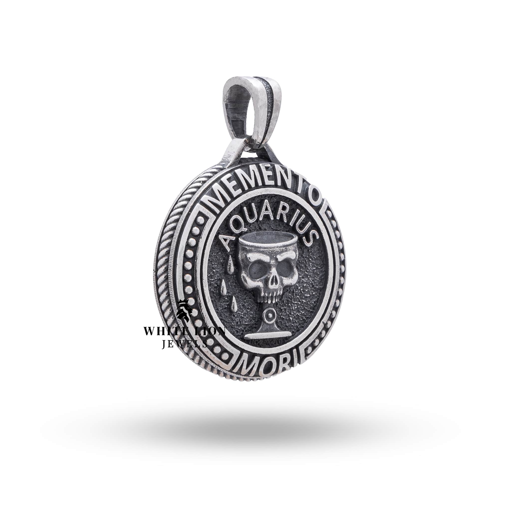 Oxidized Sterling Silver Aquarius Pendant with clear protective coating and zodiac design