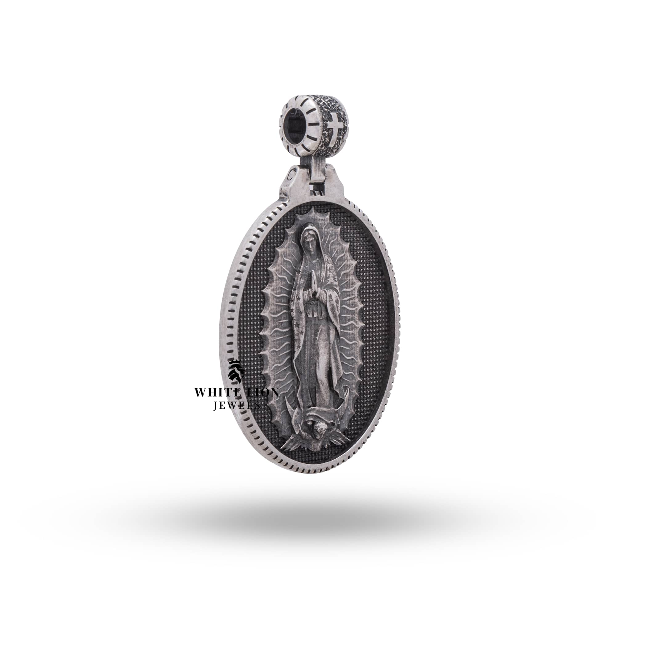 Religious oval-shaped Virgin Mary pendant in oxidized silver