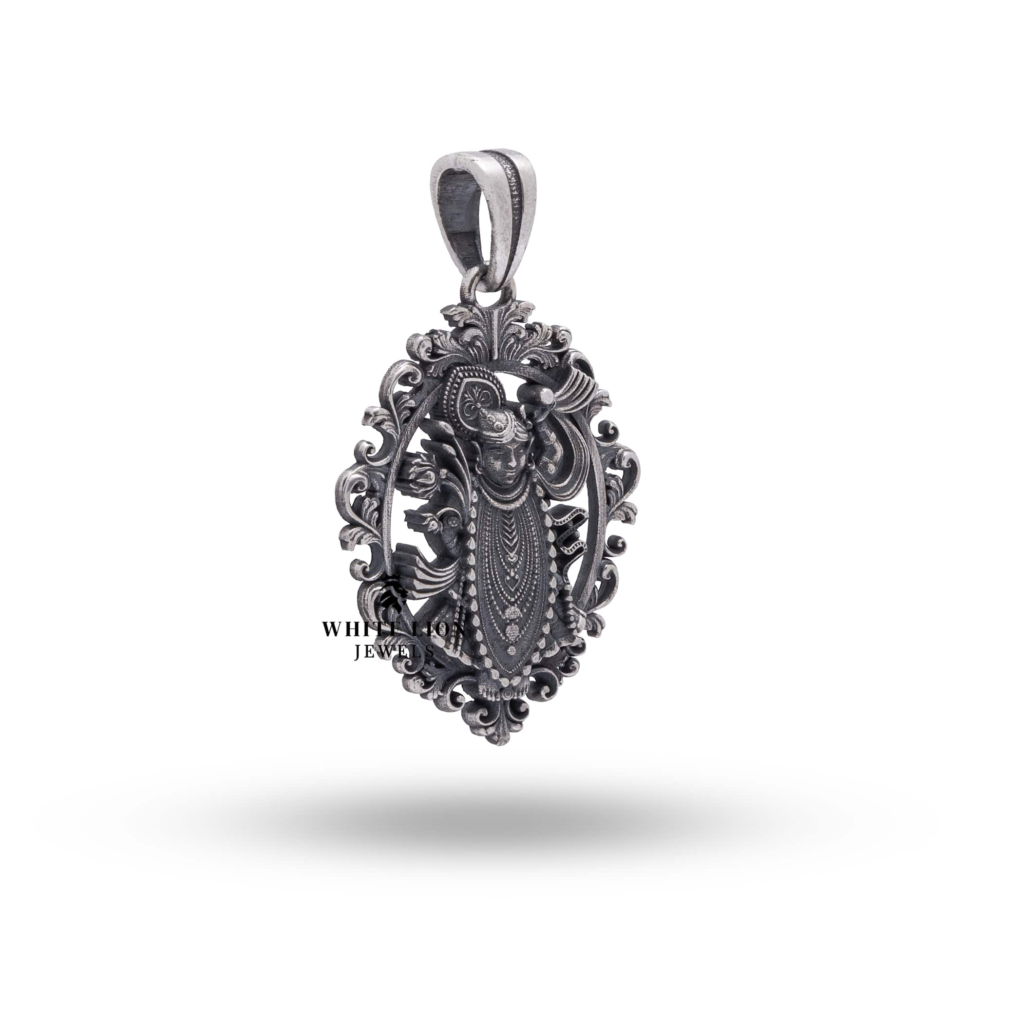 Lord Krishna pendant in 925 sterling silver, showcasing fine craftsmanship and oxidized silver color.