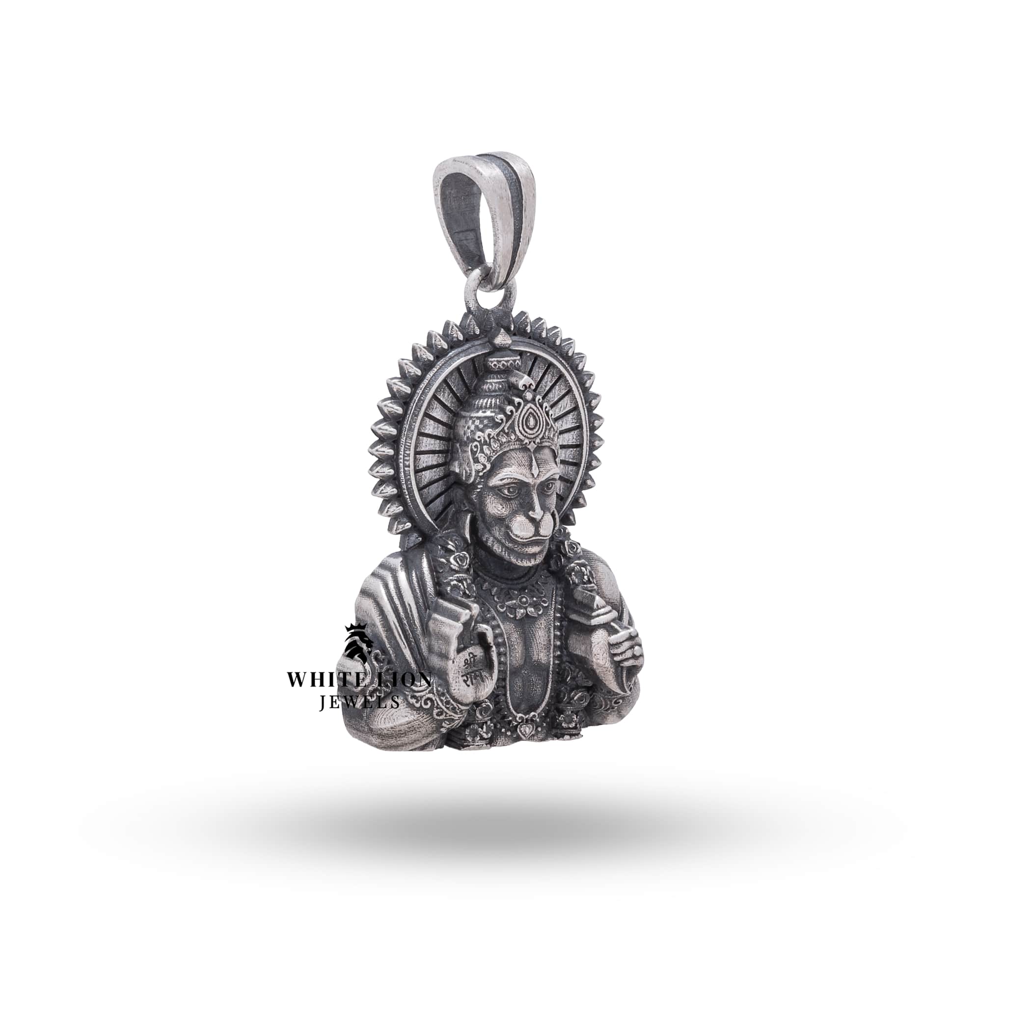 Front view of the Hanuman Evil Protector Pendant in oxidized sterling silver, highlighting intricate craftsmanship.