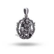 Side view of Ambe Ambika Mahadevi Pendant in oxidized silver, detailed craftsmanship by White Lion Jewels.
