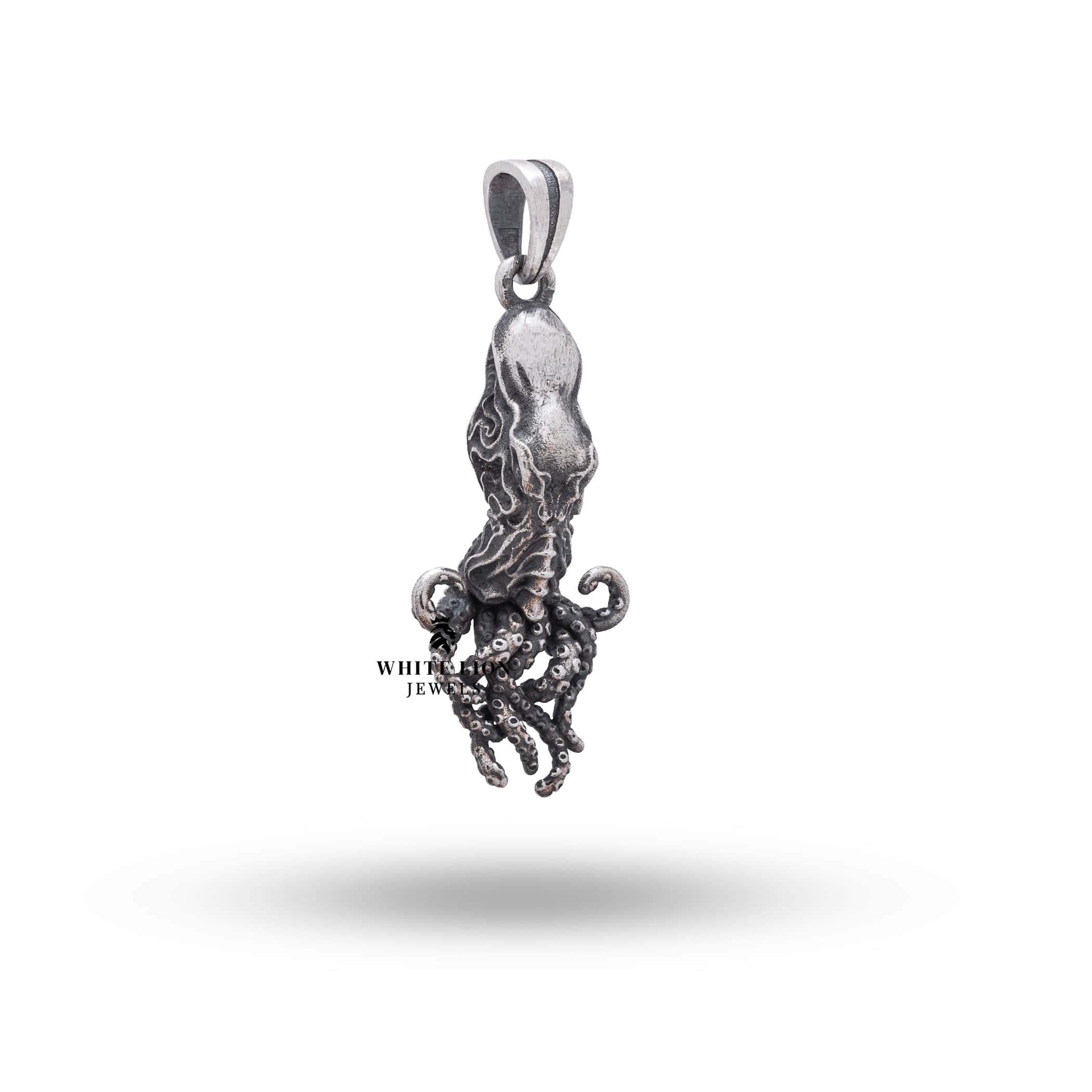 Side view highlighting the detailed tentacles of the Octopus Sterling Silver Pendant