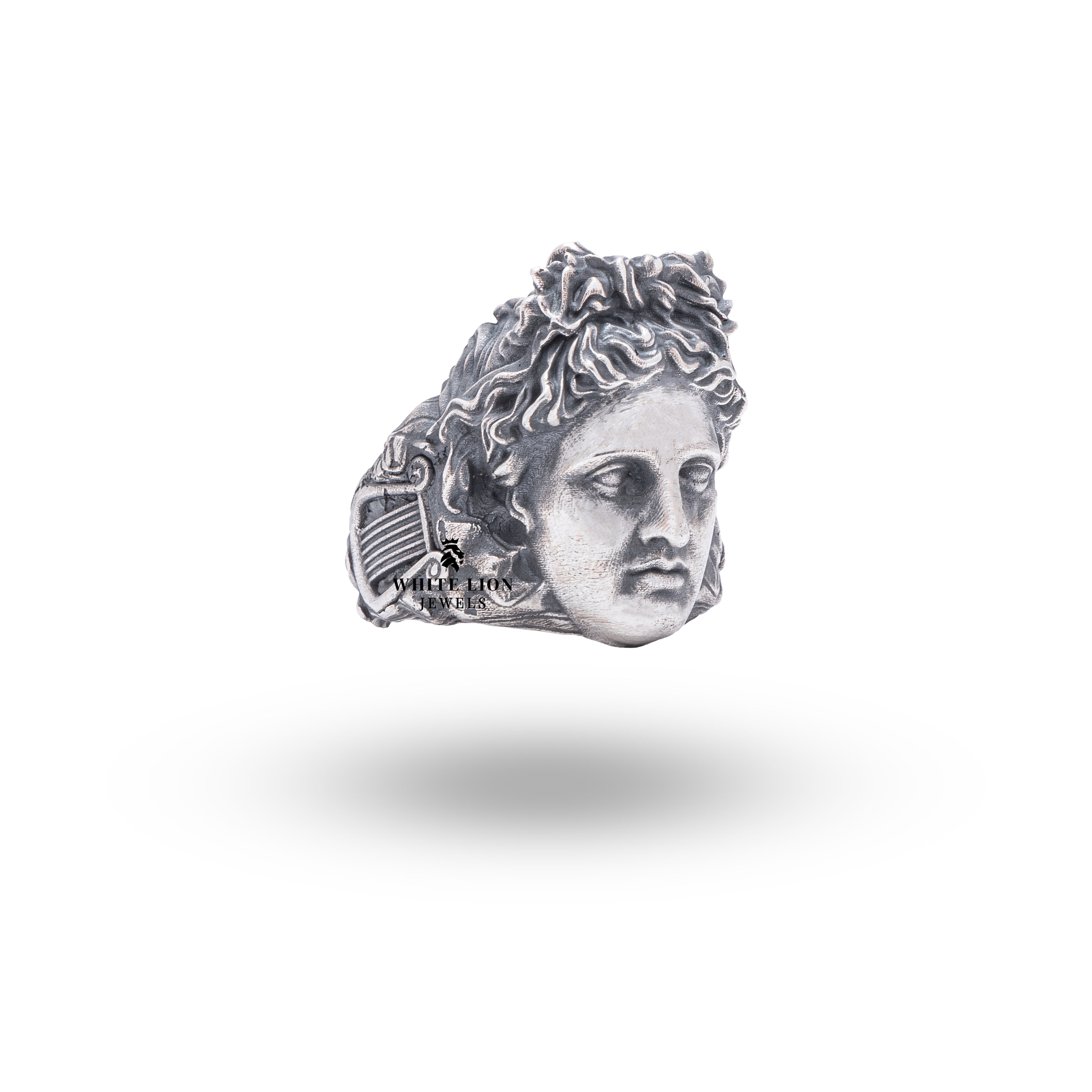 Greek God Apollo 925 Sterling Silver Ring featuring oxidized silver and intricate Greek deity design.