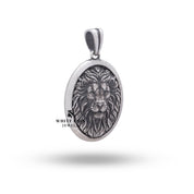 Side profile of oxidized silver oval pendant with lion motif