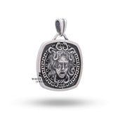 Close-up of Medusa design, 925 Sterling Silver Pendant with antique finish