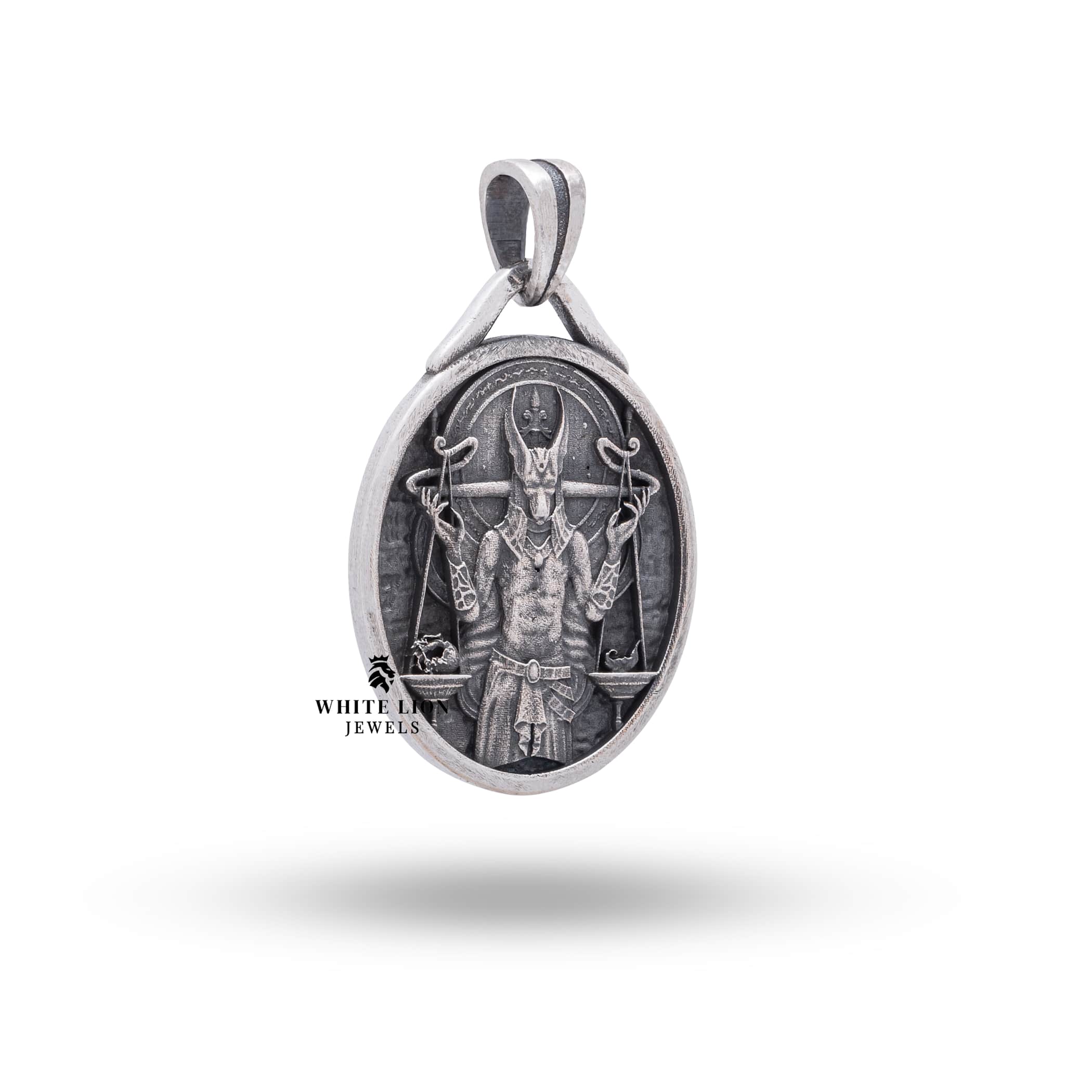 Side view of Anubis Oval Pendant 925 Sterling Silver highlighting the oval shape and craftsmanship.