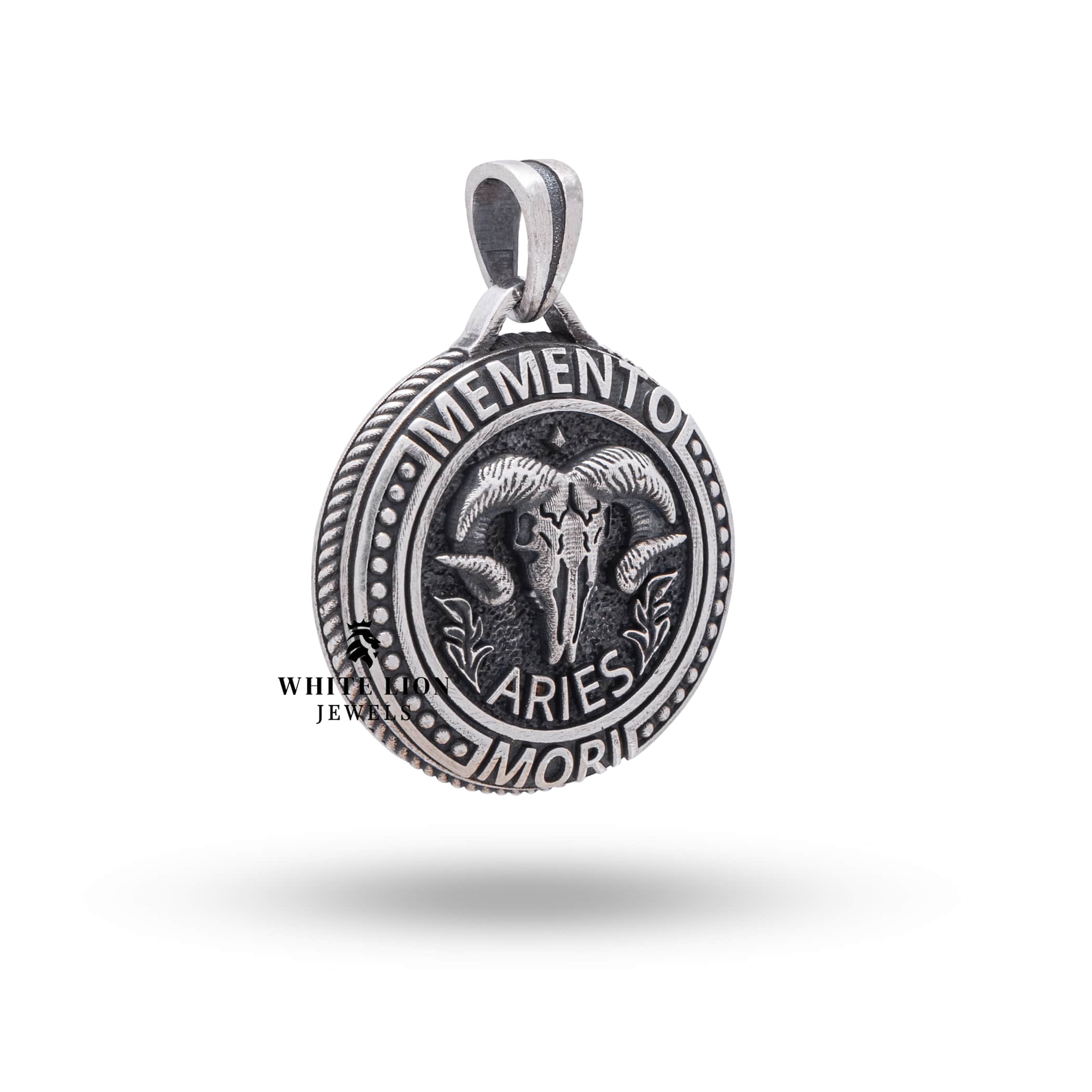 Side view highlighting the depth and detail of the Aries Zodiac Sign in oxidized silver finish.
