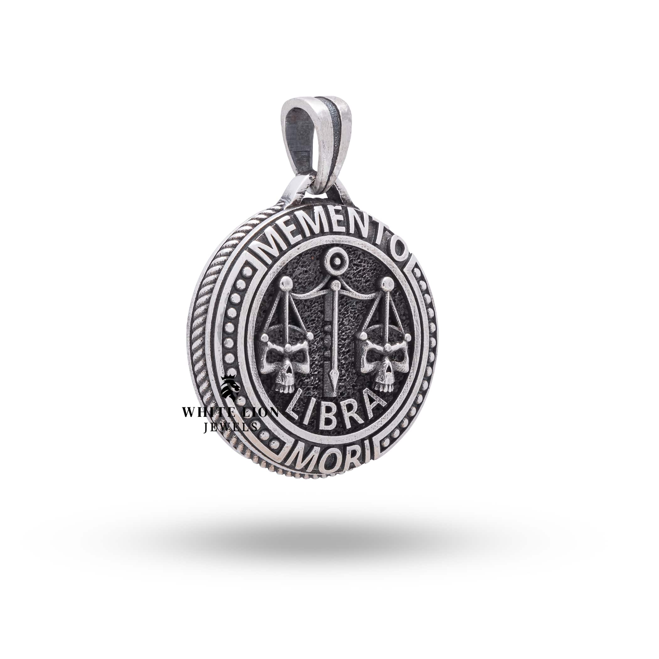 Back view of Memento Mori Skulls Libra Zodiac Pendant highlighting artisanal design.