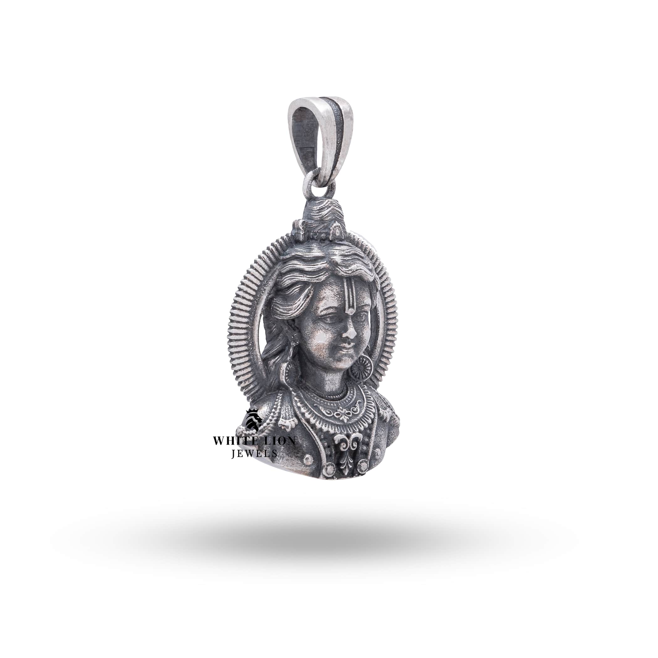 Intricate Lord Rama design pendant, 925 Sterling Silver, elegant and spiritual touch by White Lion Jewels.