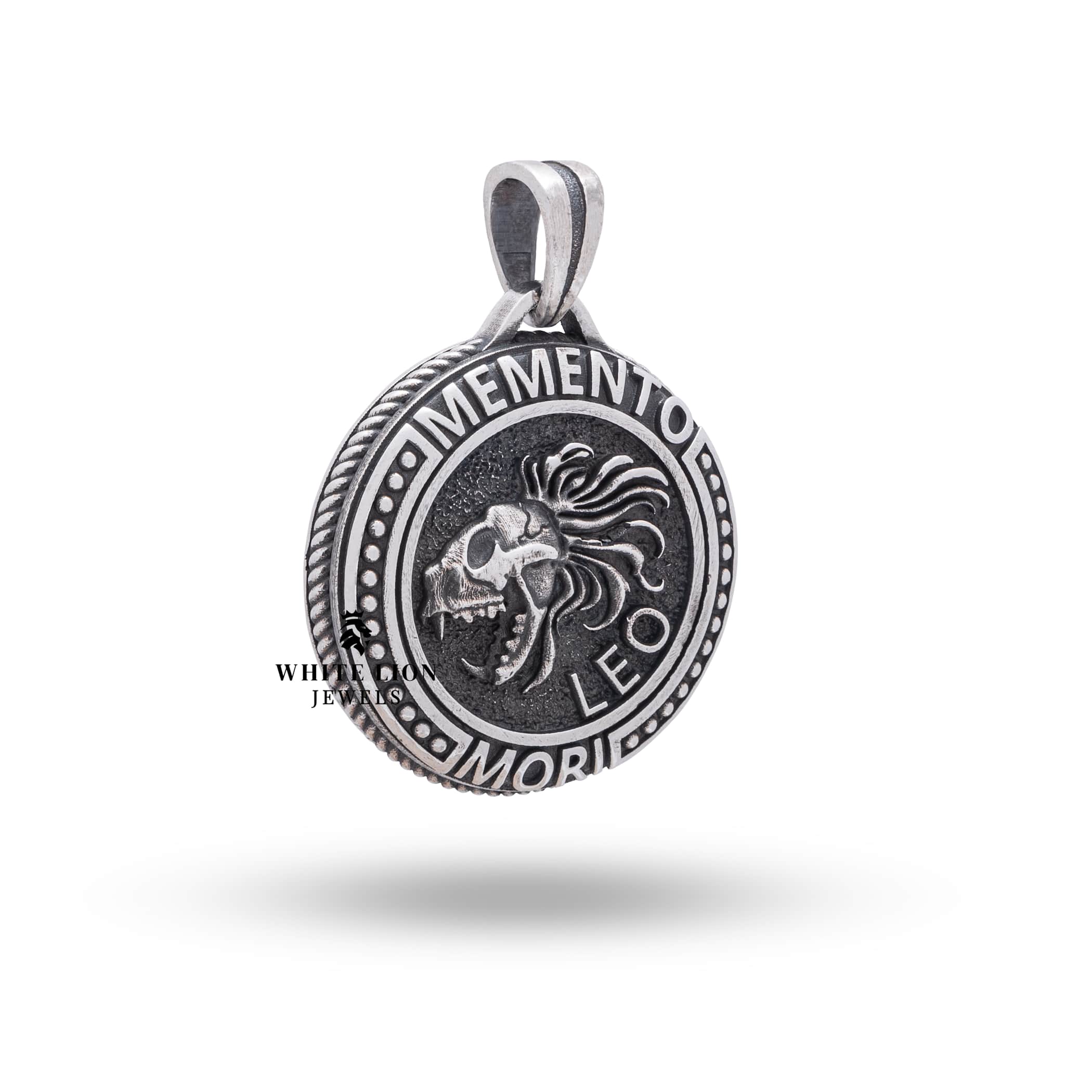 Side angle of Memento Mori Leo Sign Pendant highlighting the oxidized silver finish.