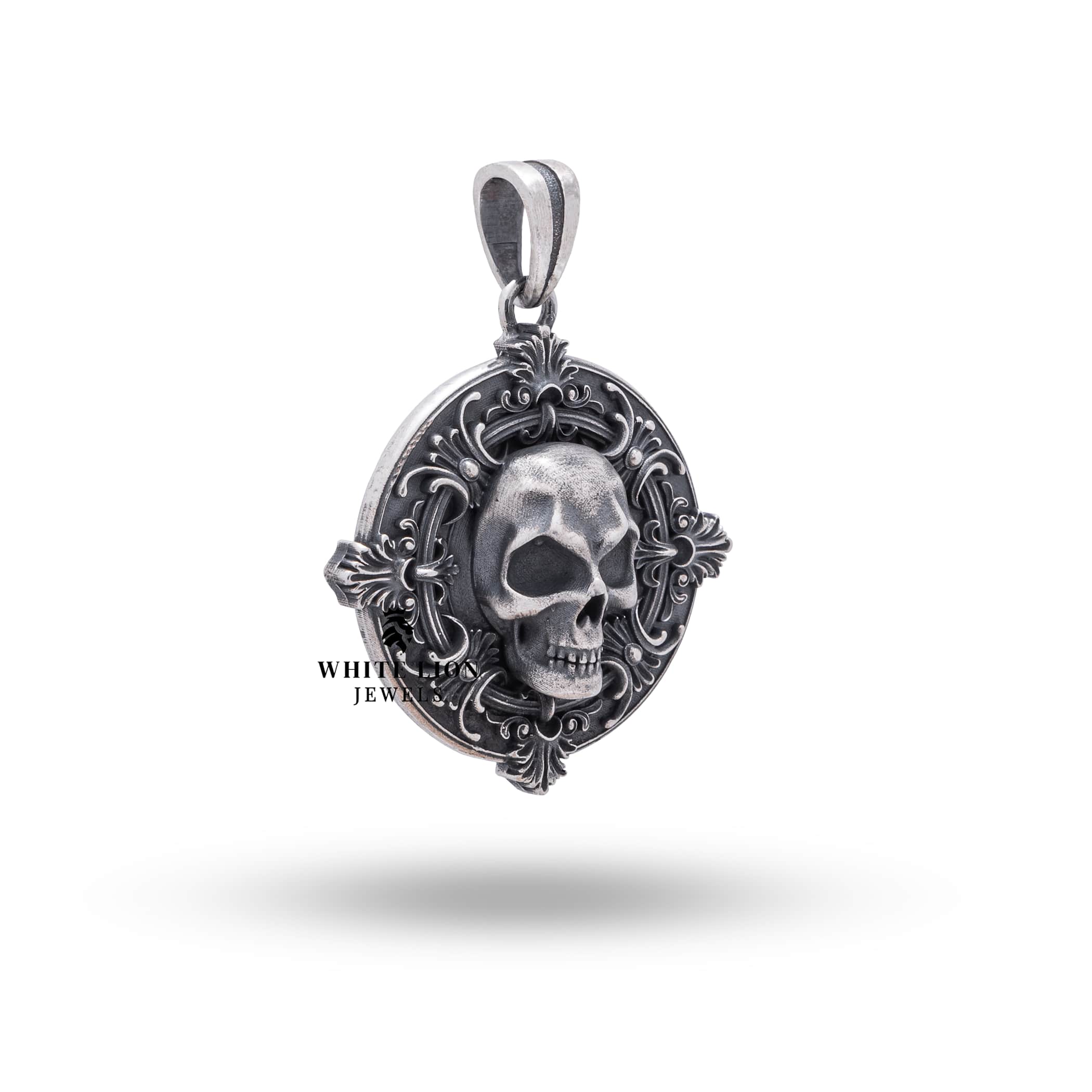 Side view of Lily Skull 925 Sterling Silver Pendant, showcasing oxidized silver finish.