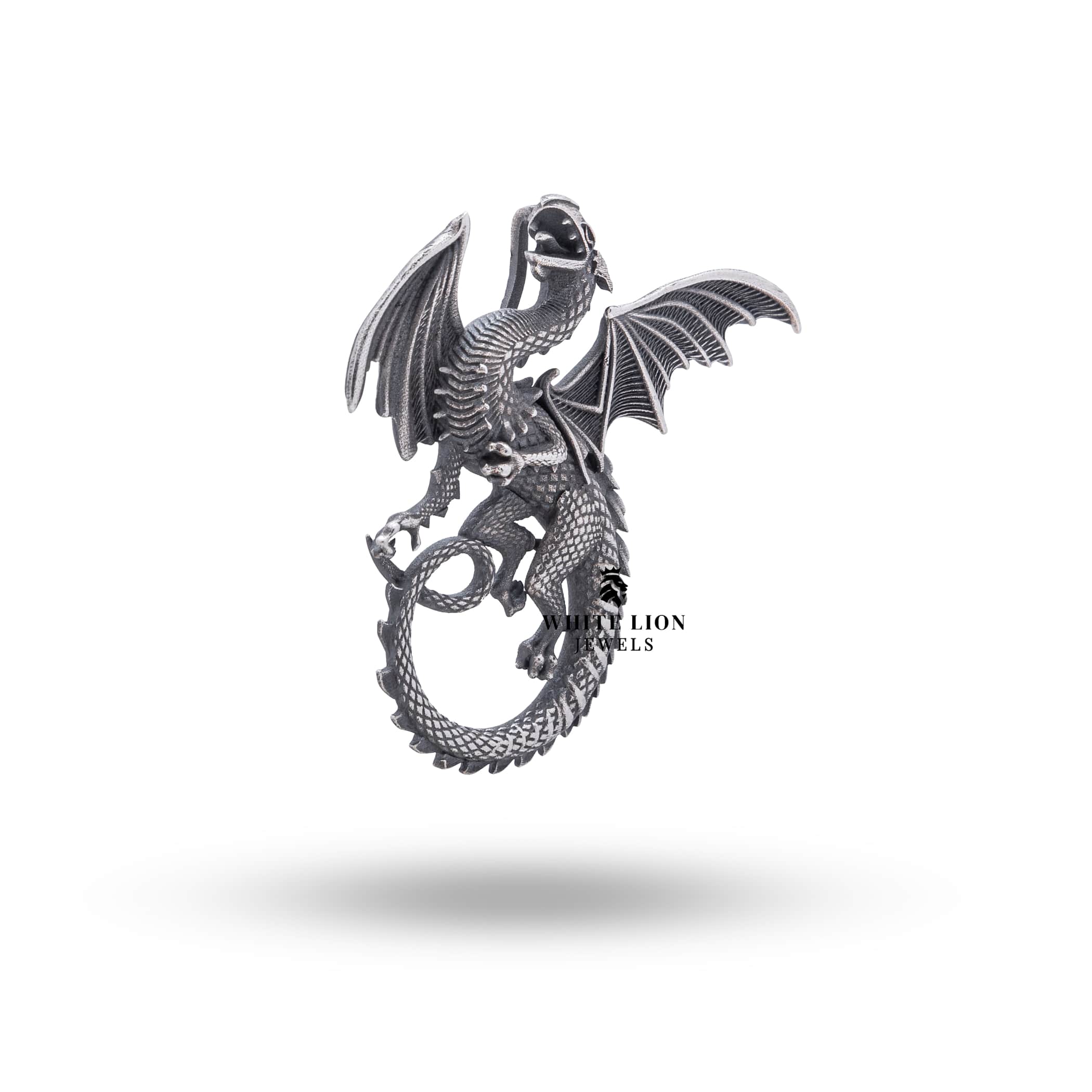 Side view of Flying Dragon 925 Sterling Silver Pendant, highlighting its unique craftsmanship and elegant finish.