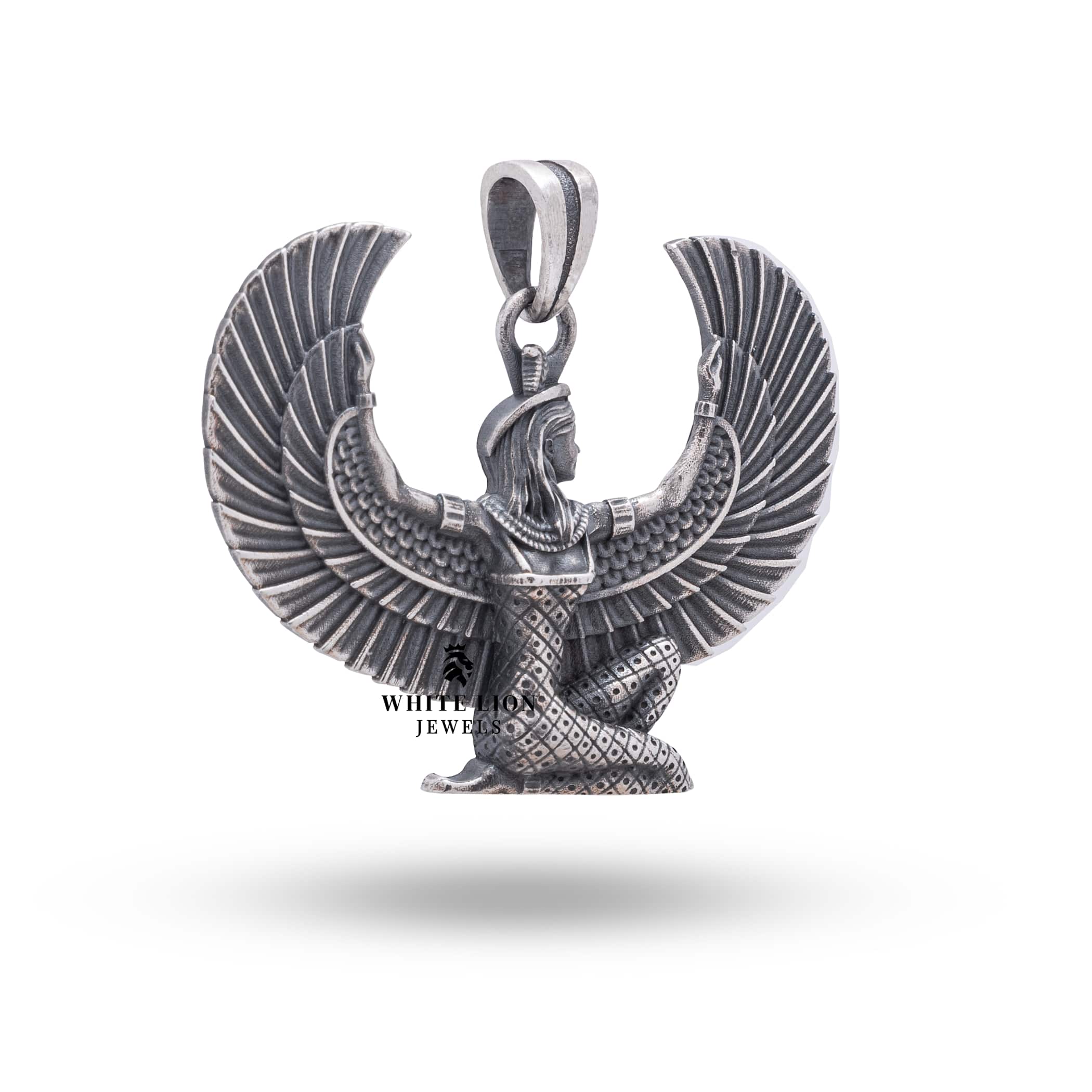 Side view of Isis Winged Egyptian 925 Silver Pendant highlighting its elegant curves and artistic craftsmanship
