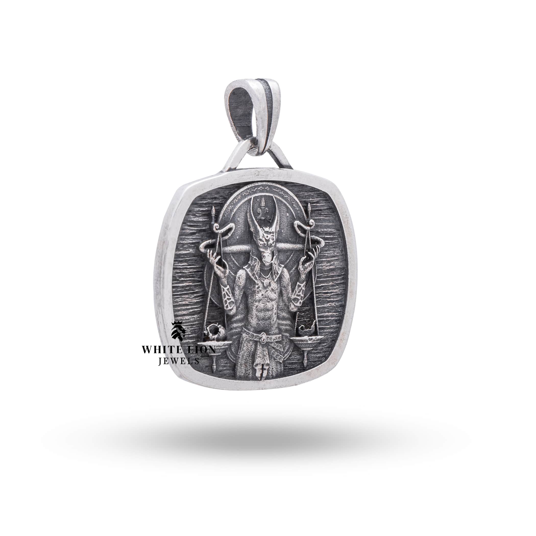 Side view of Anubis Scale Square Egyptian 925 Sterling Silver Pendant showcasing detailed craftsmanship.