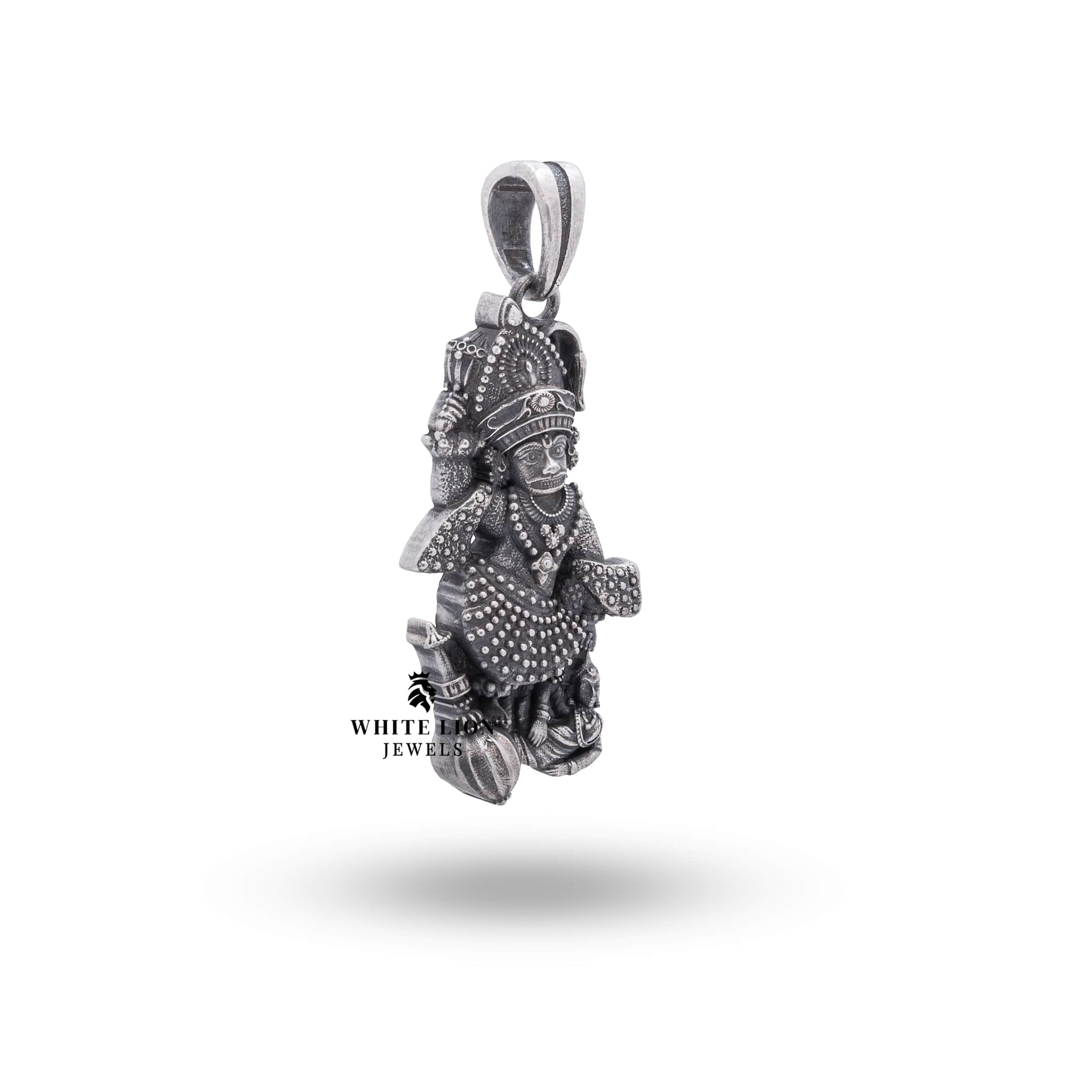 Side view of Sarangpur Hanuman Sterling Silver Pendant detailing craftsmanship and protective coating