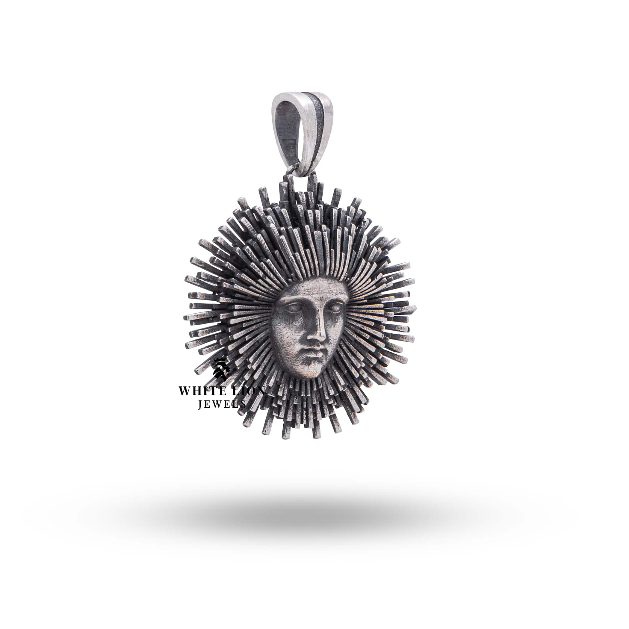 Side view of Apollo Sun God Pendant, revealing intricate detailing on oxidized sterling silver.