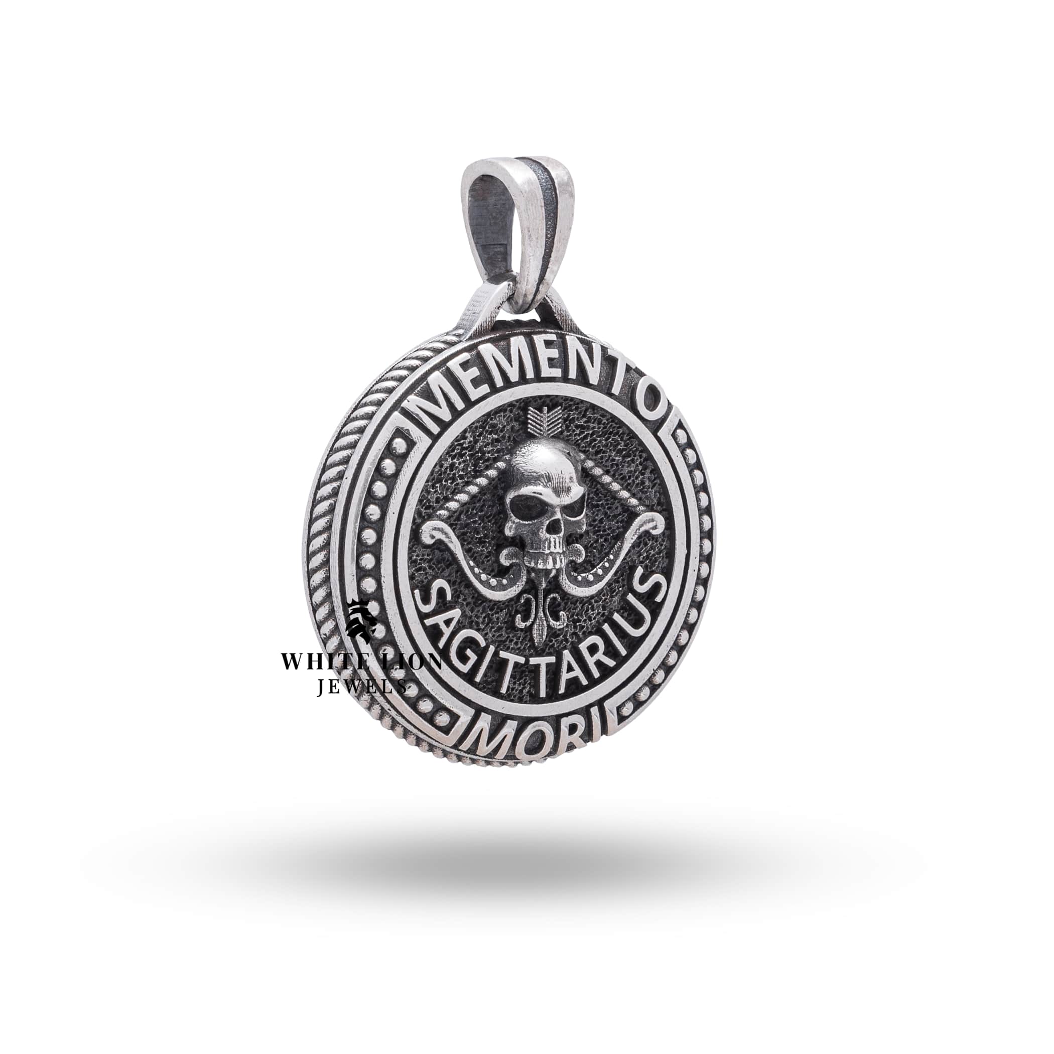 Intricate Sterling Silver Sagittarius Zodiac Pendant with oxidized finish, handmade by White Lion Jewels, 2.8cm diameter