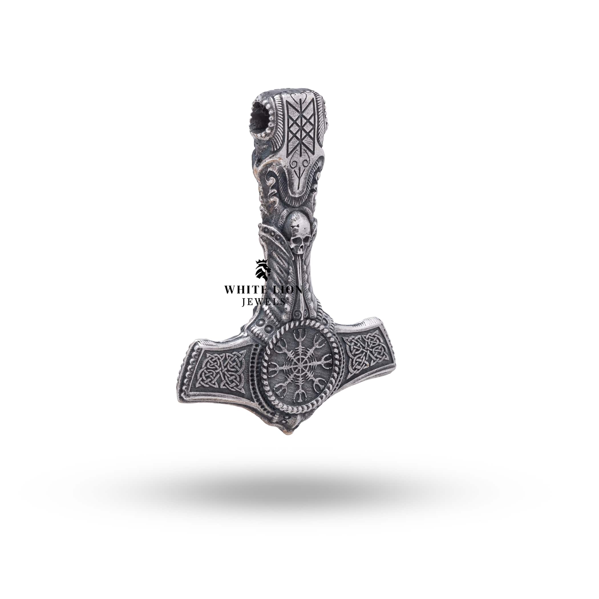 Side view of Thor Hammer Skull 925 Sterling Silver Pendant, highlighting the 3D craftsmanship and design.