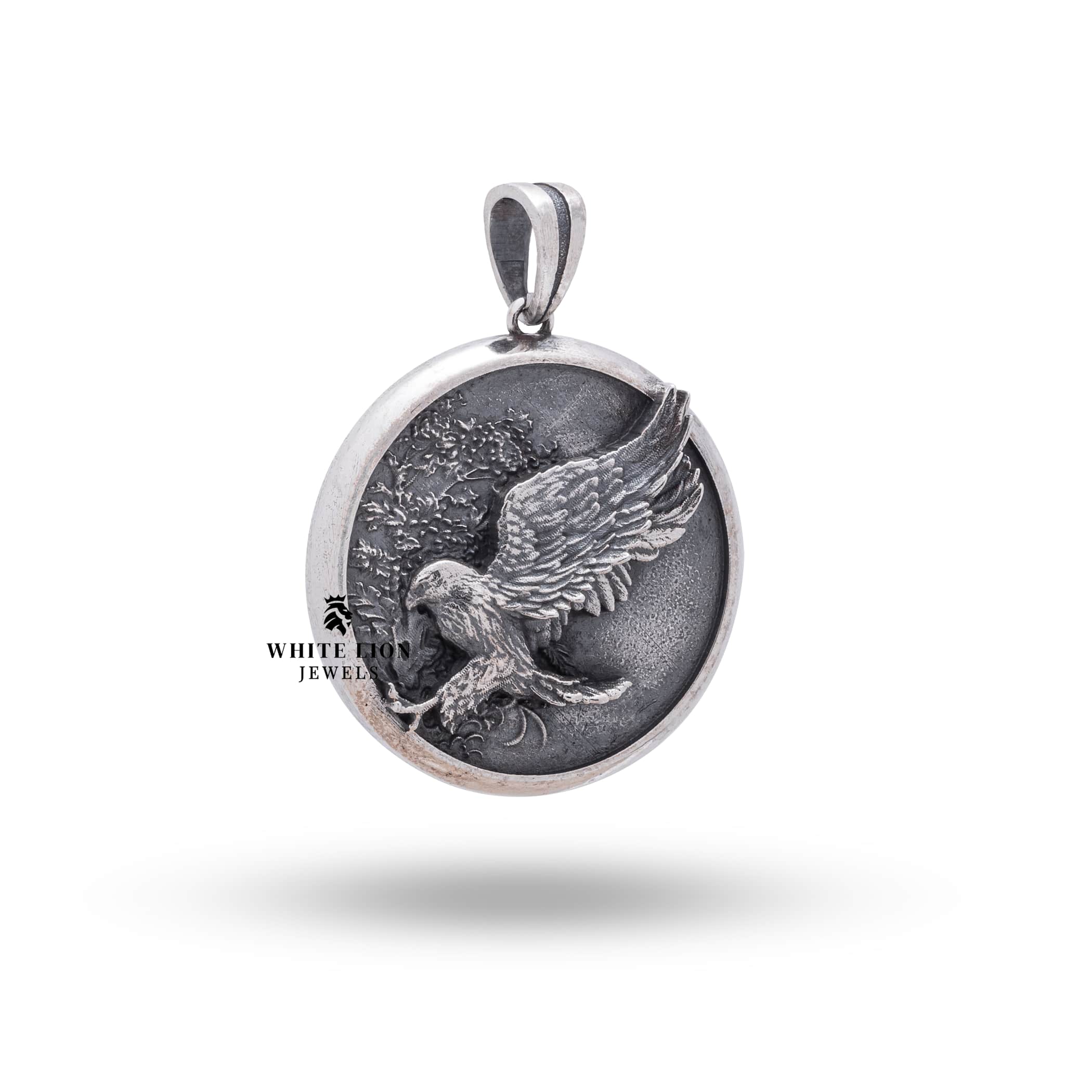 Side view of the Flying Eagle King Bird Pendant, crafted in 925 Sterling Silver with an oxidized finish depicting an eagle motif.