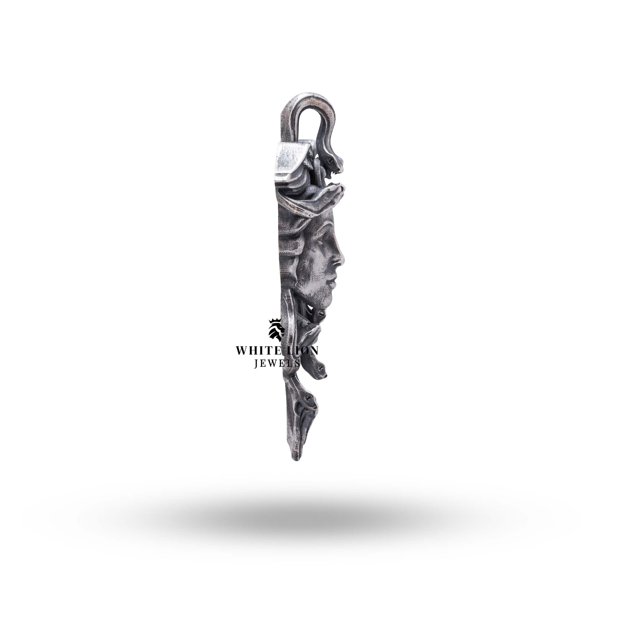 Detailed view of Medusa Gorgon Snakes Pendant in sterling silver, with artisan craftsmanship in oxidized finish from a third angle.