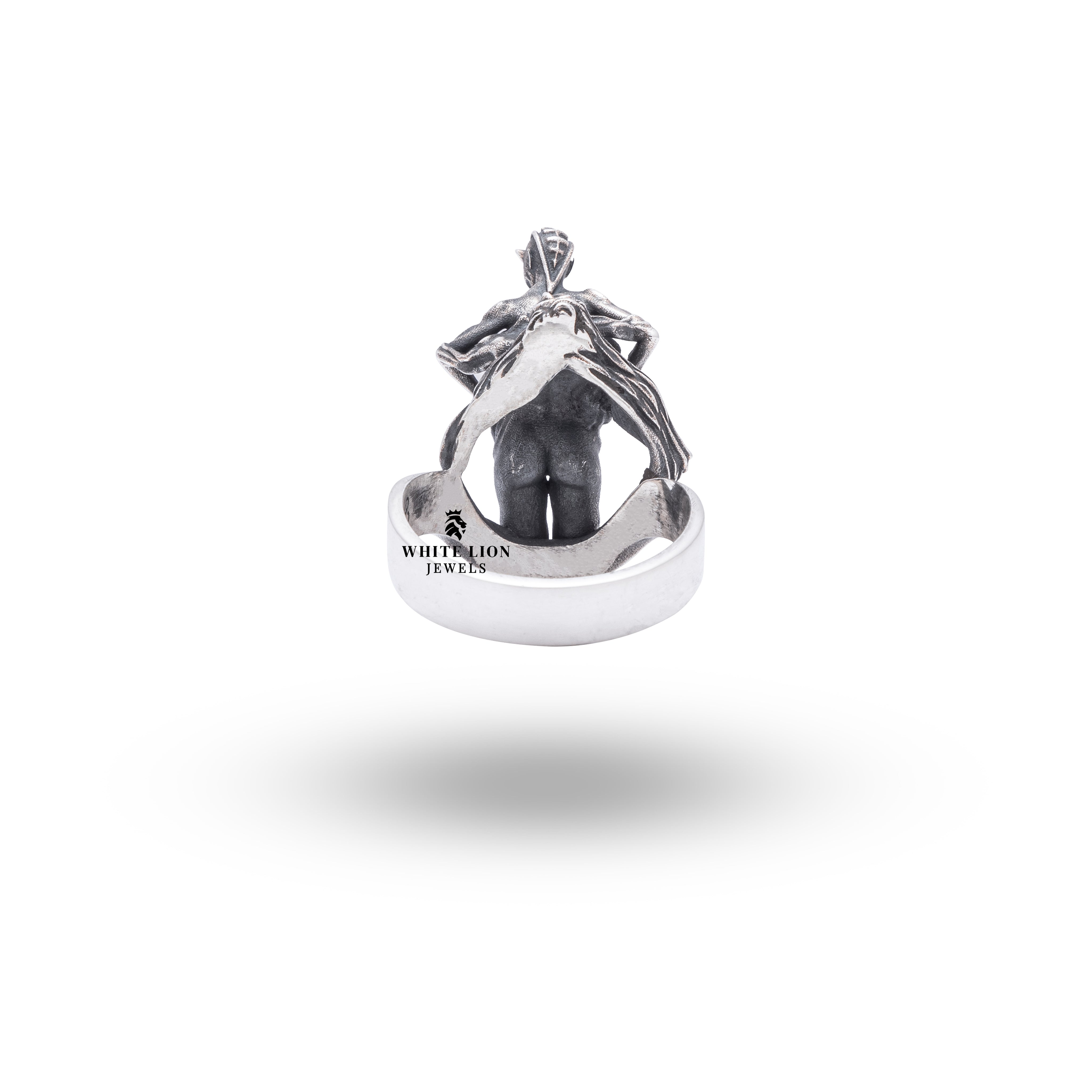 Human Devil Transformation 925 Sterling Silver Ring worn on a hand, exhibiting its elegance and style.