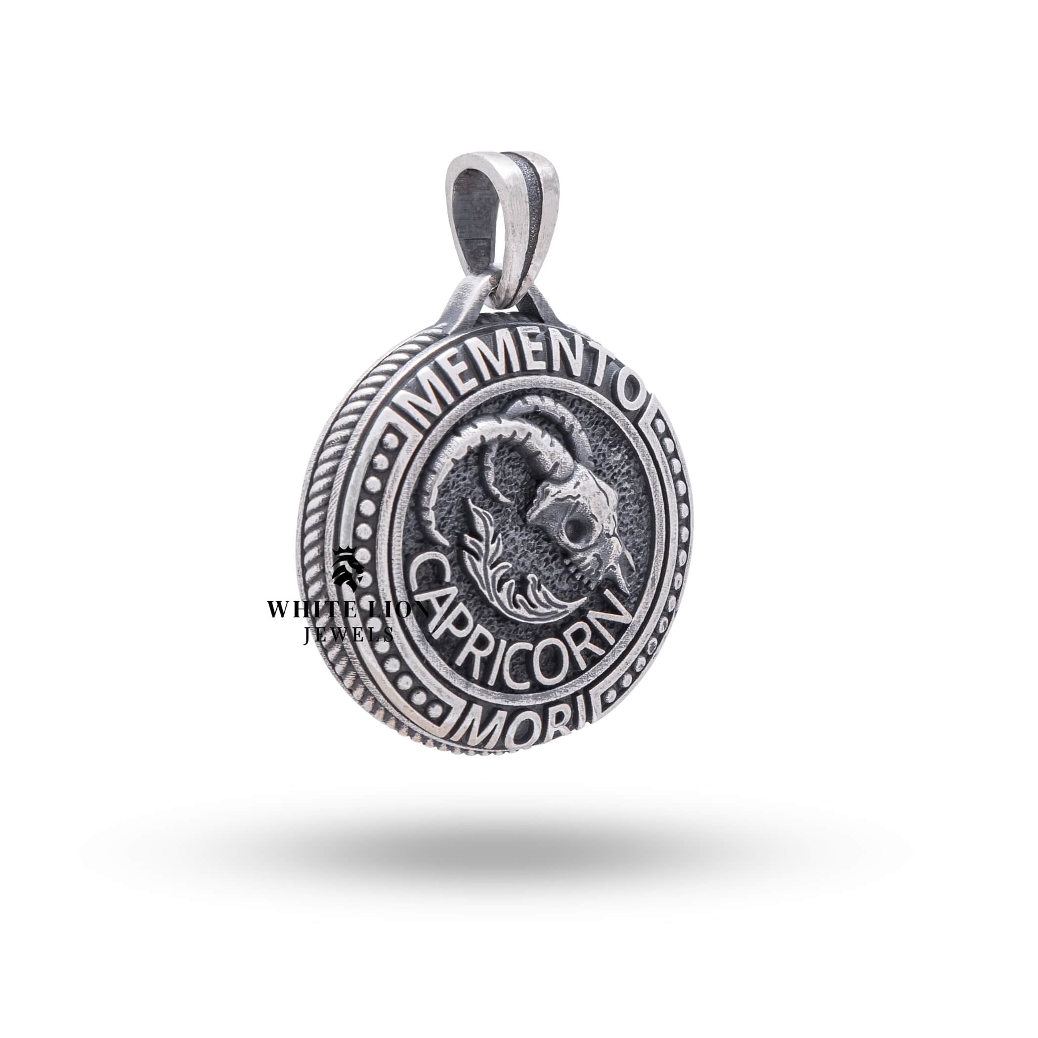 Back view showcasing intricate design of the Goat Capricorn emblem on a 925 Sterling Silver pendant by White Lion Jewels.