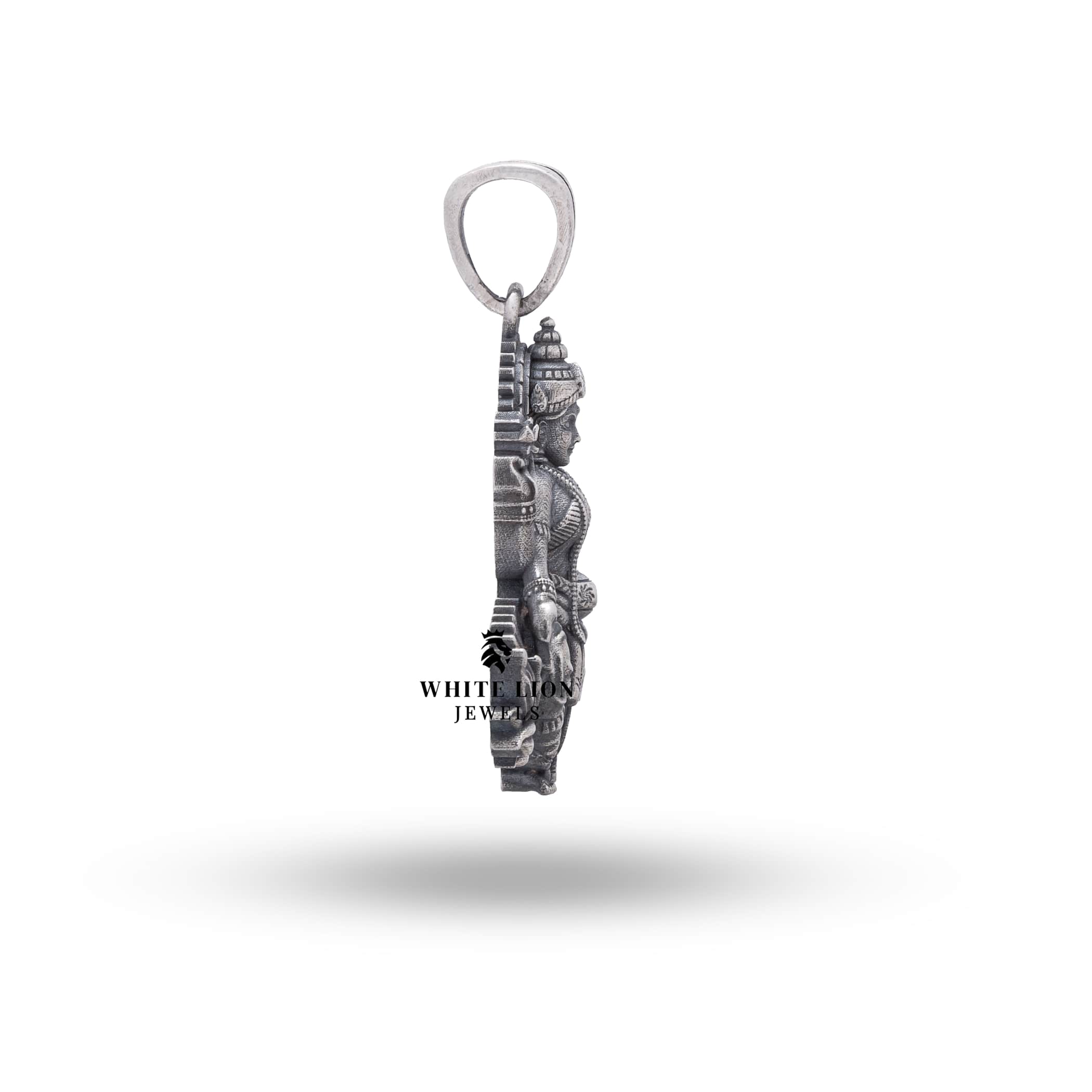 Detailed craftsmanship in sterling silver pendant inspired by Goddess Laxmi.