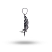 Styled Apollo Sun God 925 Pendant showcased with a v-neck dress, highlighting its oxidized finish.