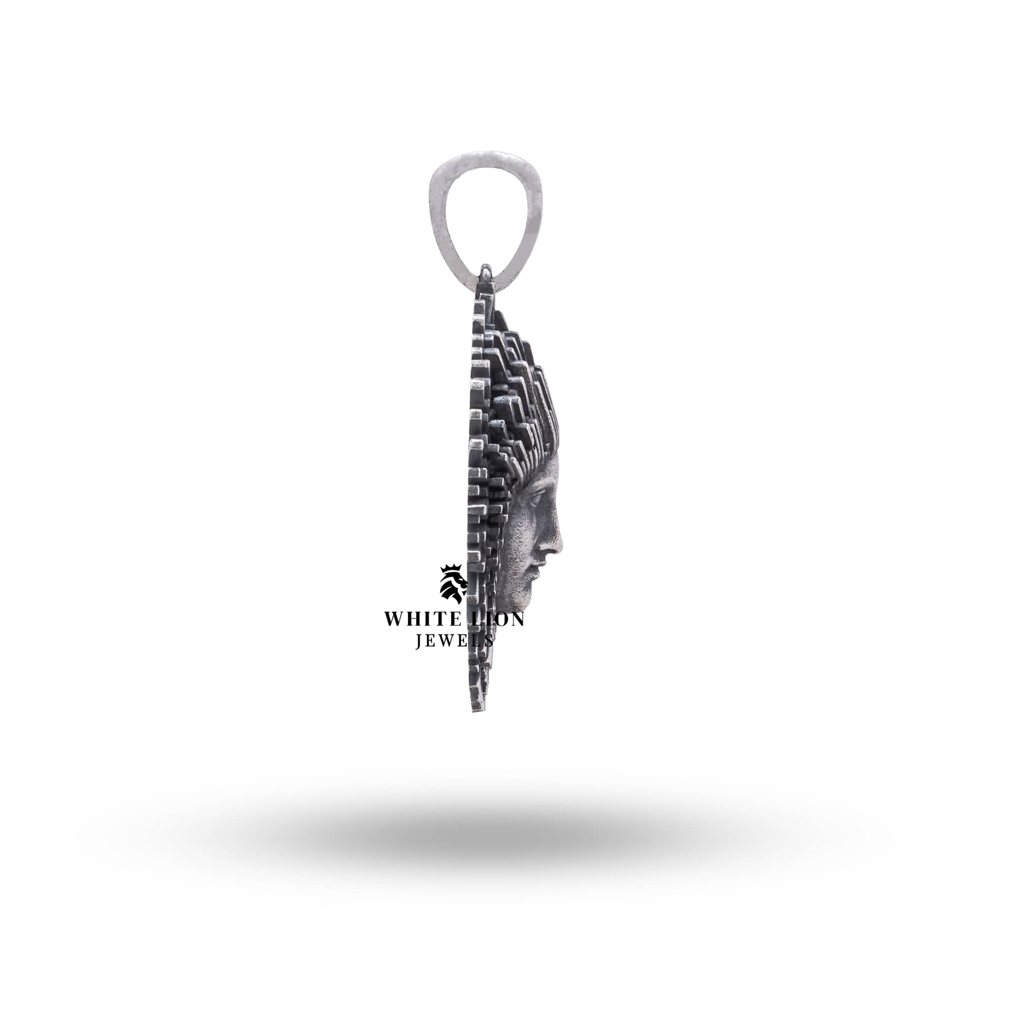 Styled Apollo Sun God 925 Pendant showcased with a v-neck dress, highlighting its oxidized finish.