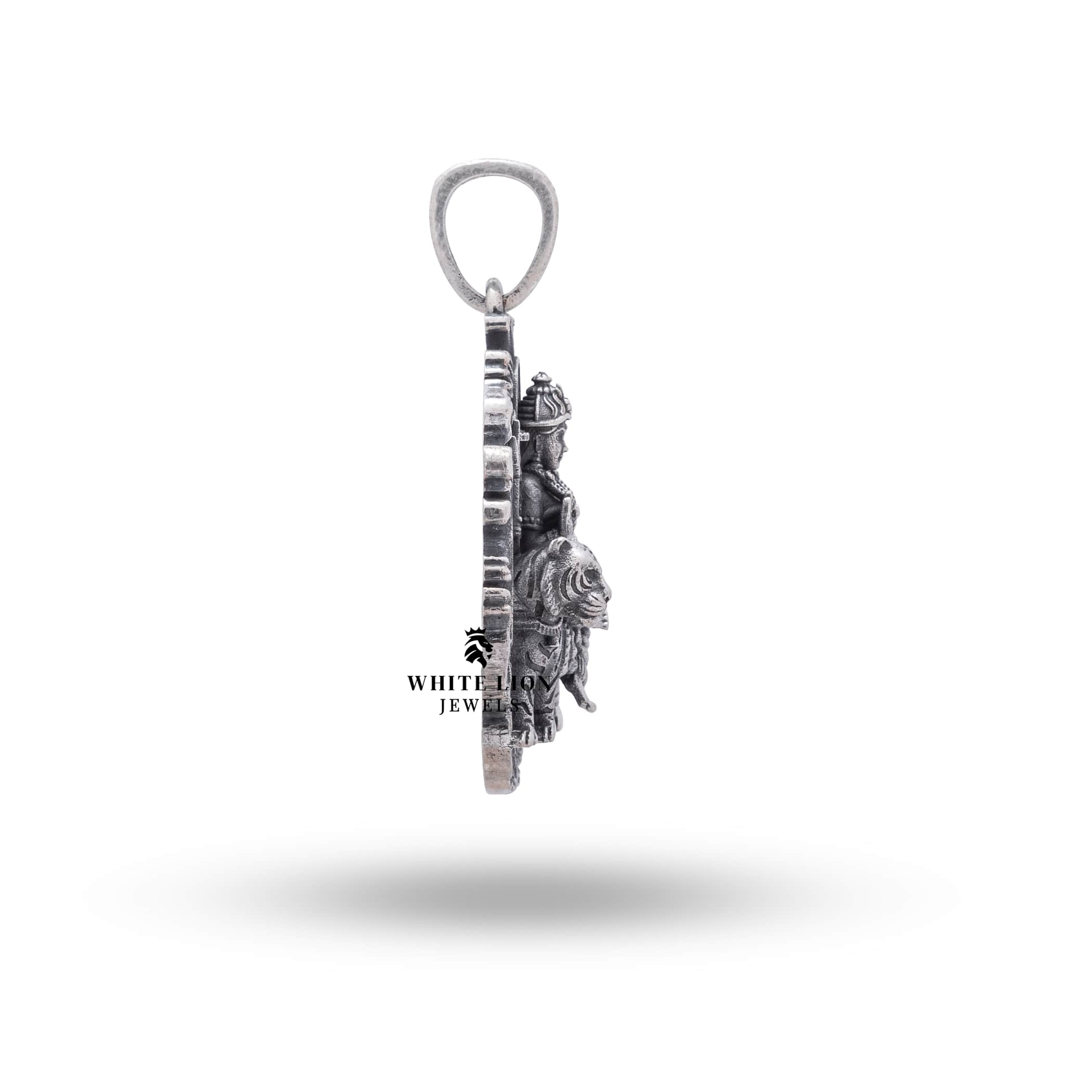 Back view of the Ambe Ambika Mahadevi Pendant, highlighting the smooth finish and structured design in 925 Sterling Silver by White Lion Jewels.