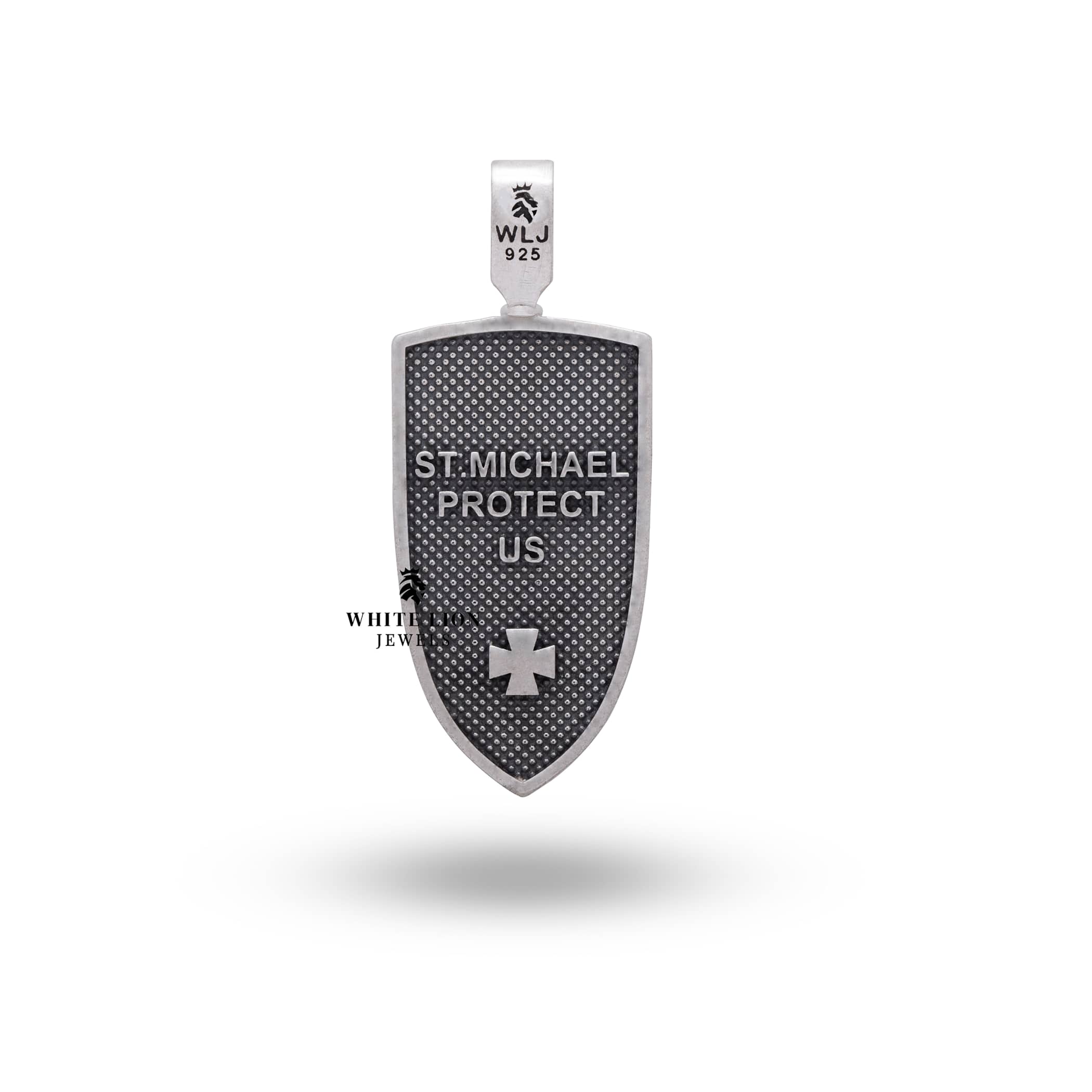 Model wearing St Michael Archangel Pendant 925 Sterling Silver for showcasing size