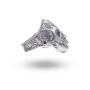 Close-up showing mandala and gothic skull design of sterling silver ring