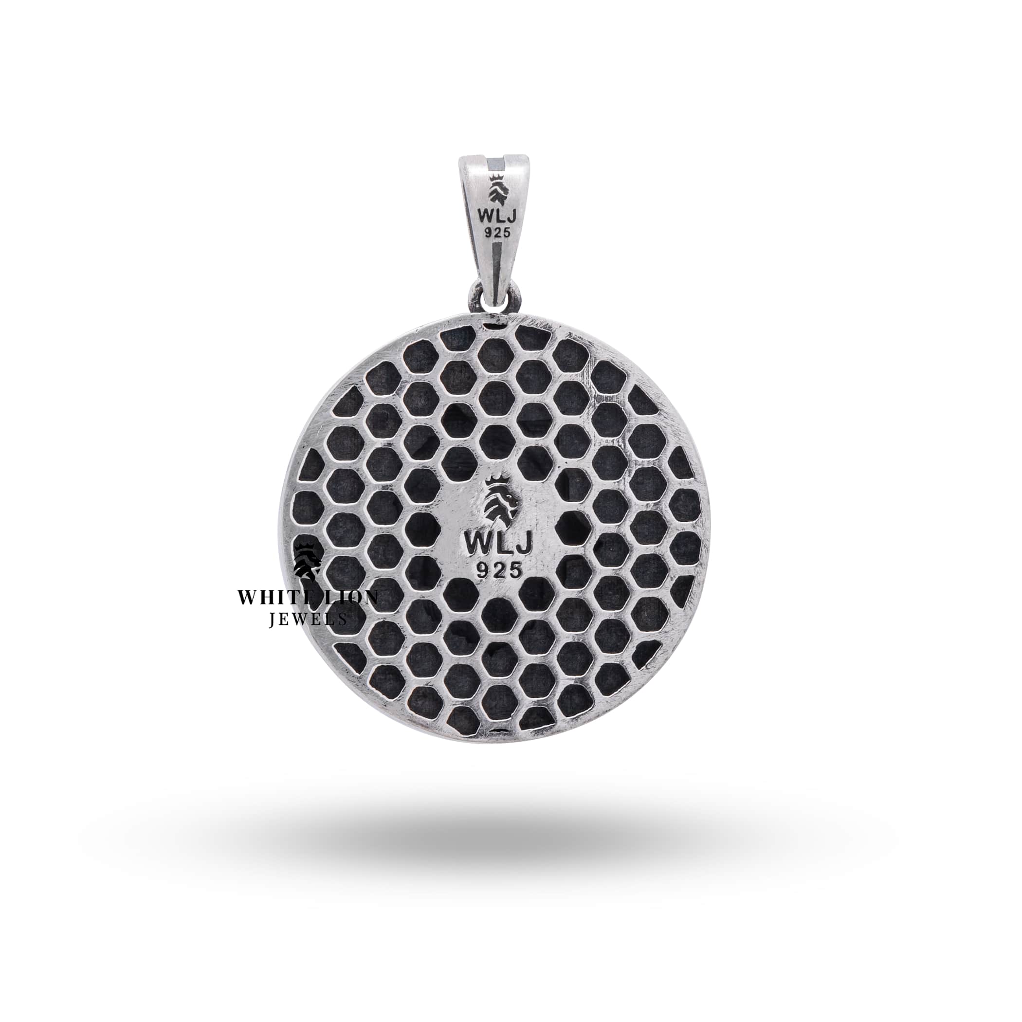 Sterling Silver Dog Wolf Pendant with nickel free clear protective coating on display