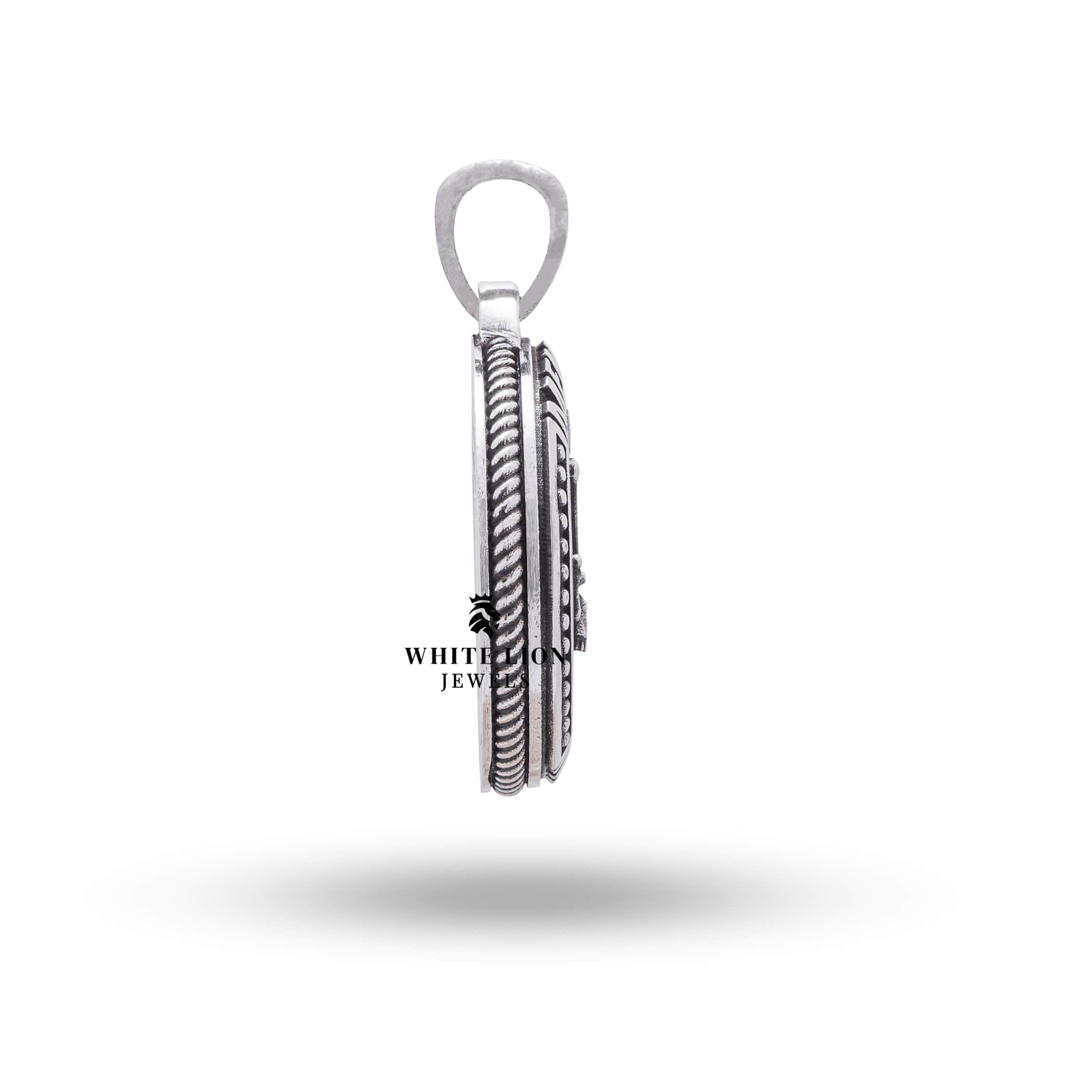 Side view of Memento Mori Skulls Libra Zodiac Pendant showcasing intricate details.