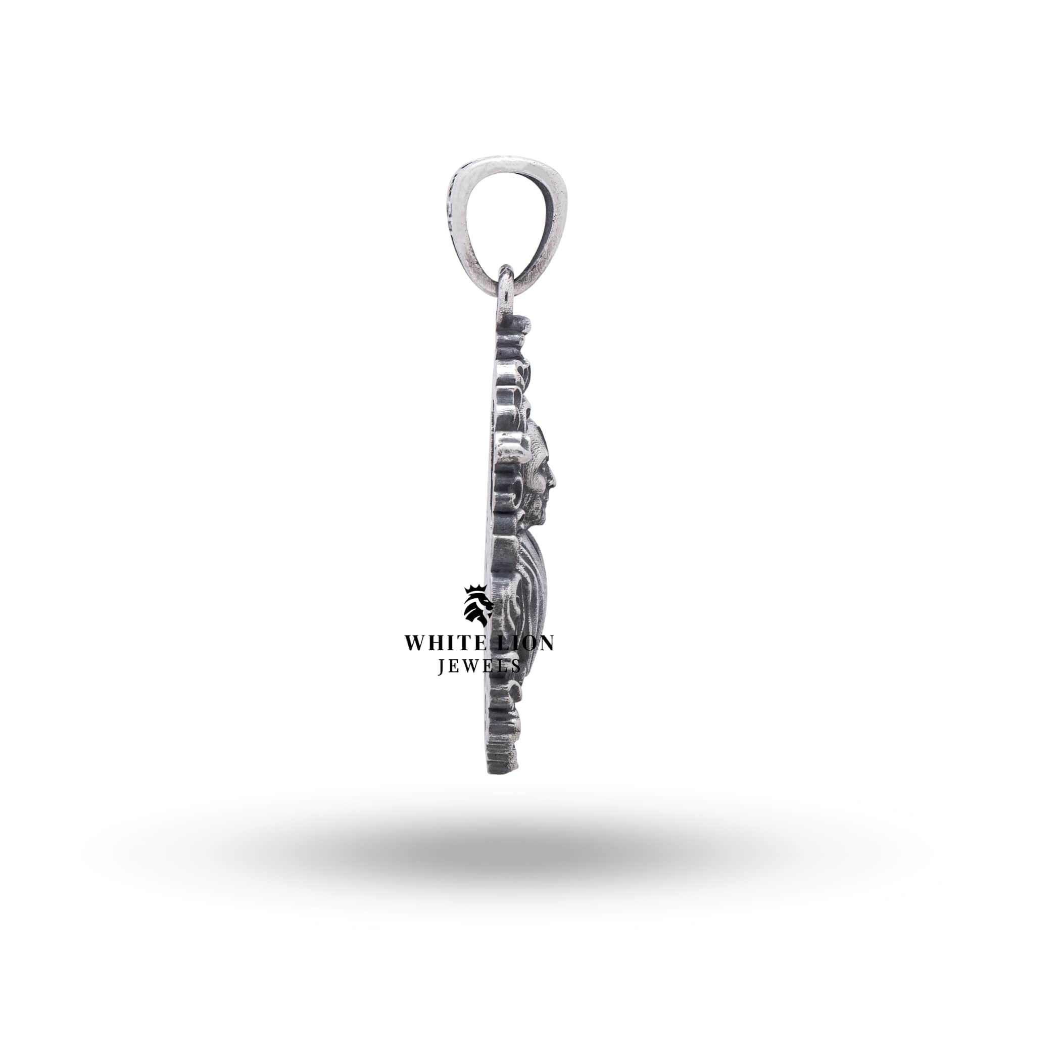 Detailed close-up of oxidized finish on 925 Sterling Silver Pendant depicting Pramukh Swami Maharaj.