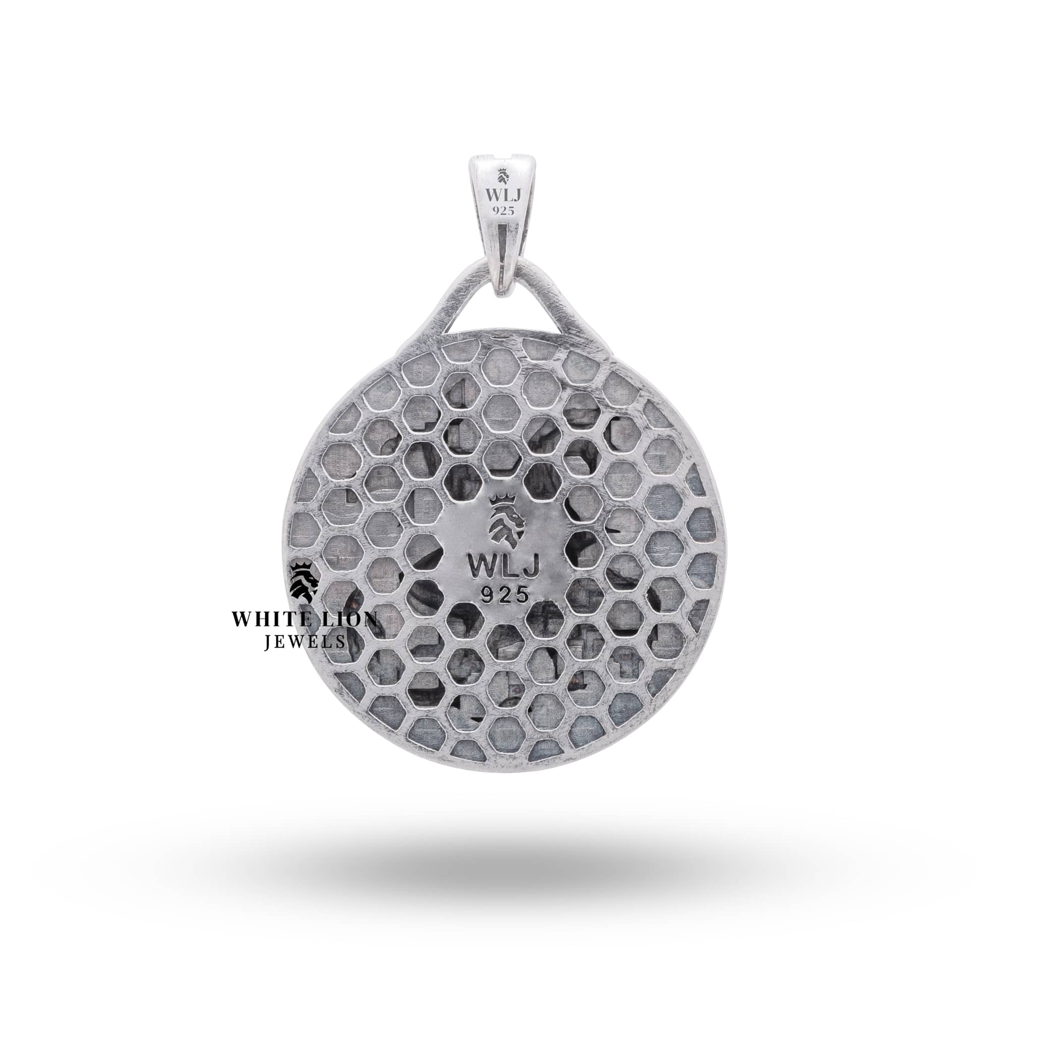 Back view of the St George 925 Sterling Silver Round Pendant, displaying its sterling silver purity and clear protective coating.