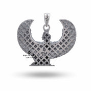 Isis Winged Egyptian 925 Silver Pendant worn by model, emphasizing its compatibility with elegant attire
