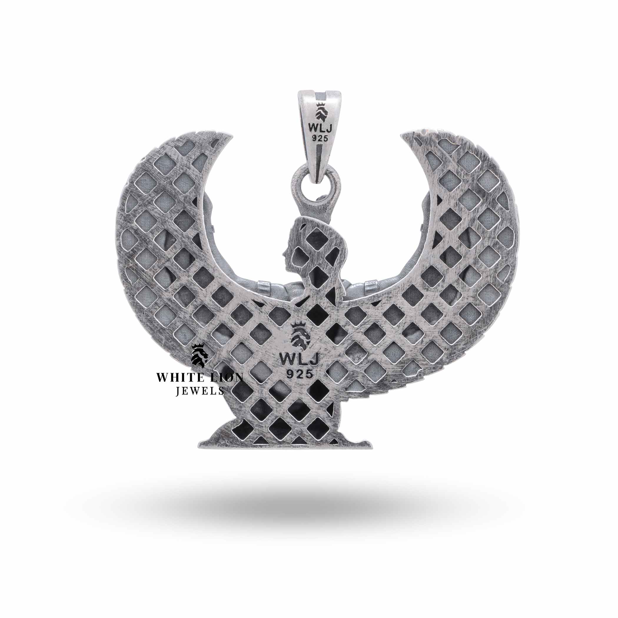 Isis Winged Egyptian 925 Silver Pendant worn by model, emphasizing its compatibility with elegant attire