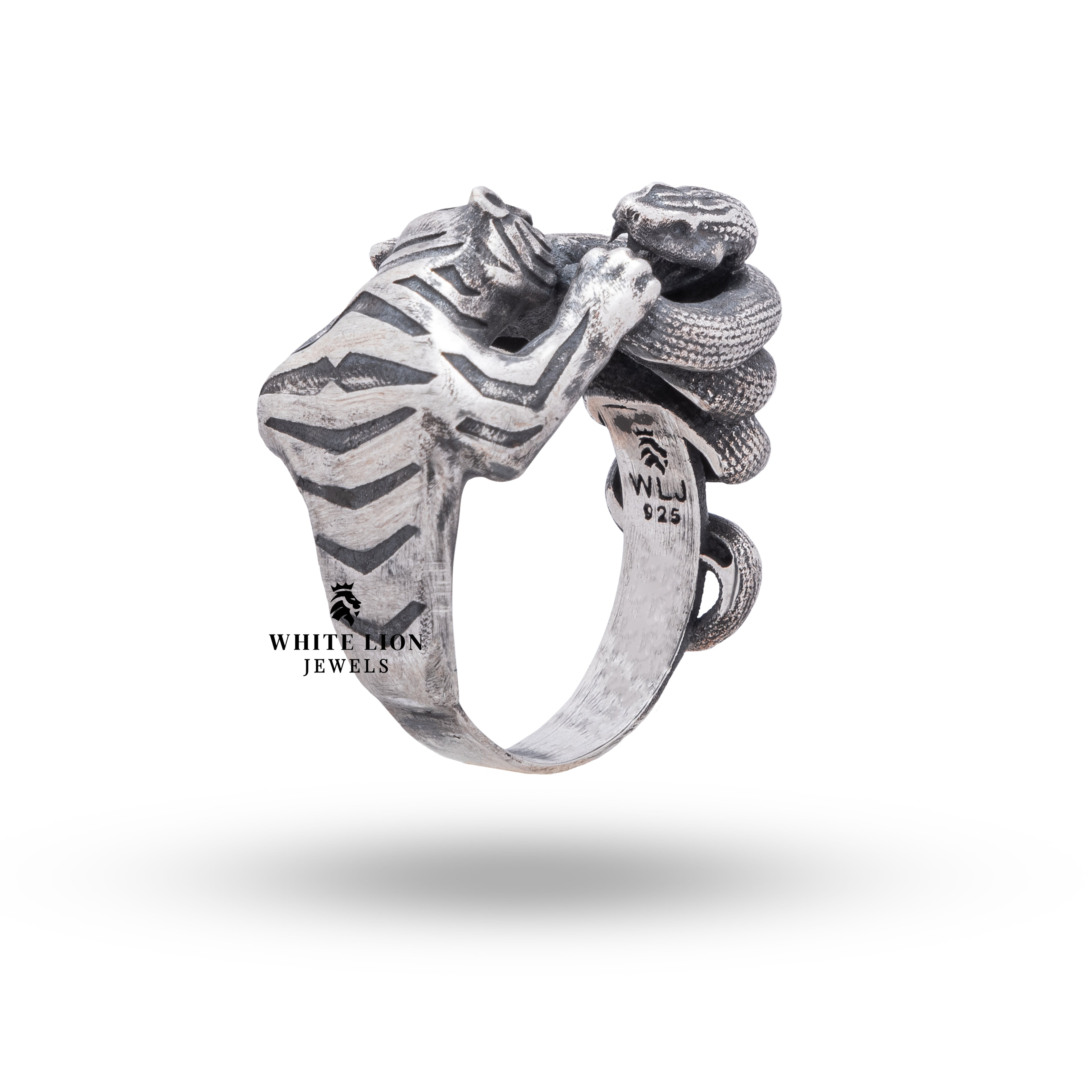 Oxidized silver ring with unique snake and tiger motif, ideal for nature lovers
