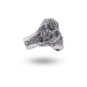 Top view showcasing the artistry of the Masquerade Mask Skull Sterling Silver Ring by White Lion Jewels