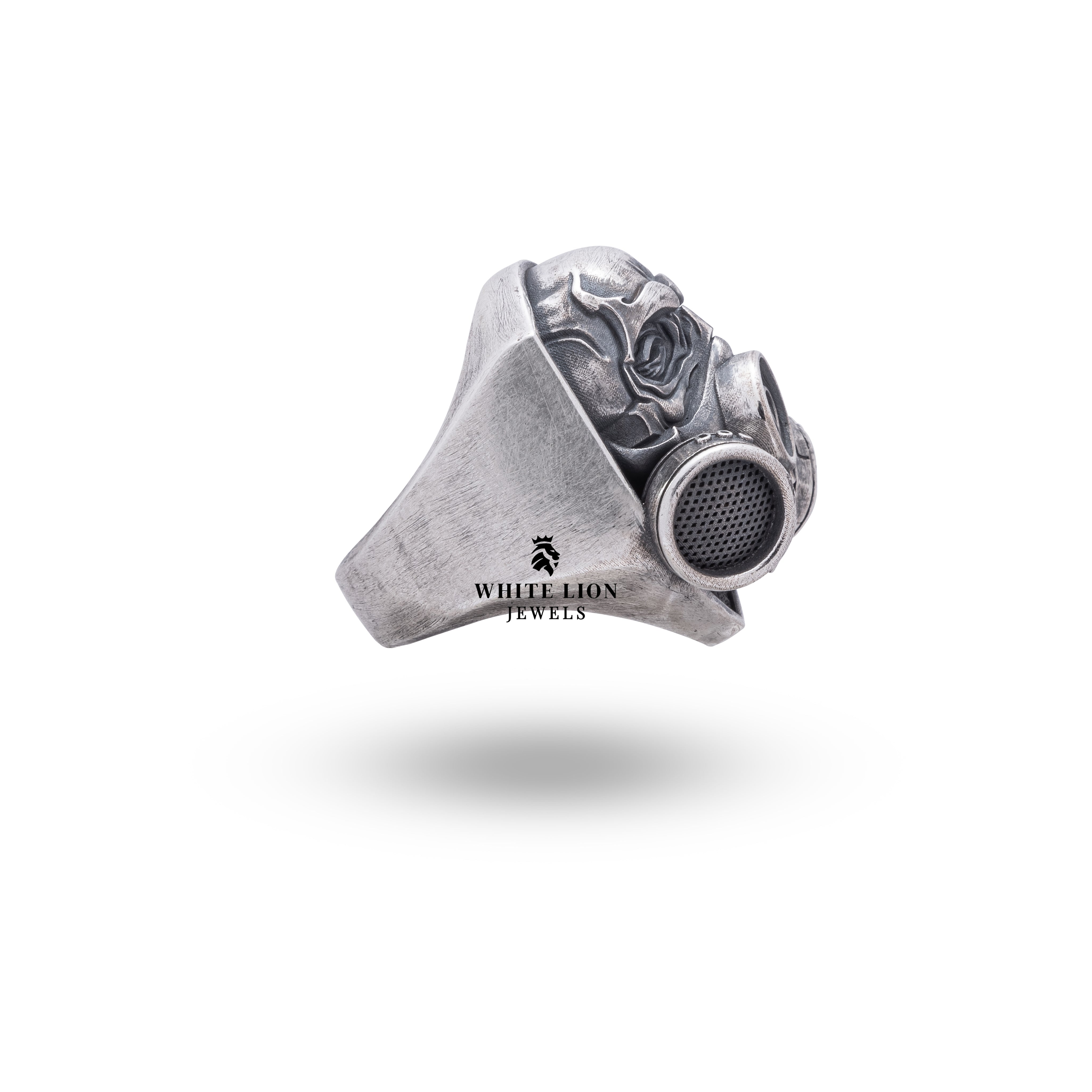 Angled view showcasing the artisanal detailing of the Oxygen Mask Respirator Sterling Silver Ring