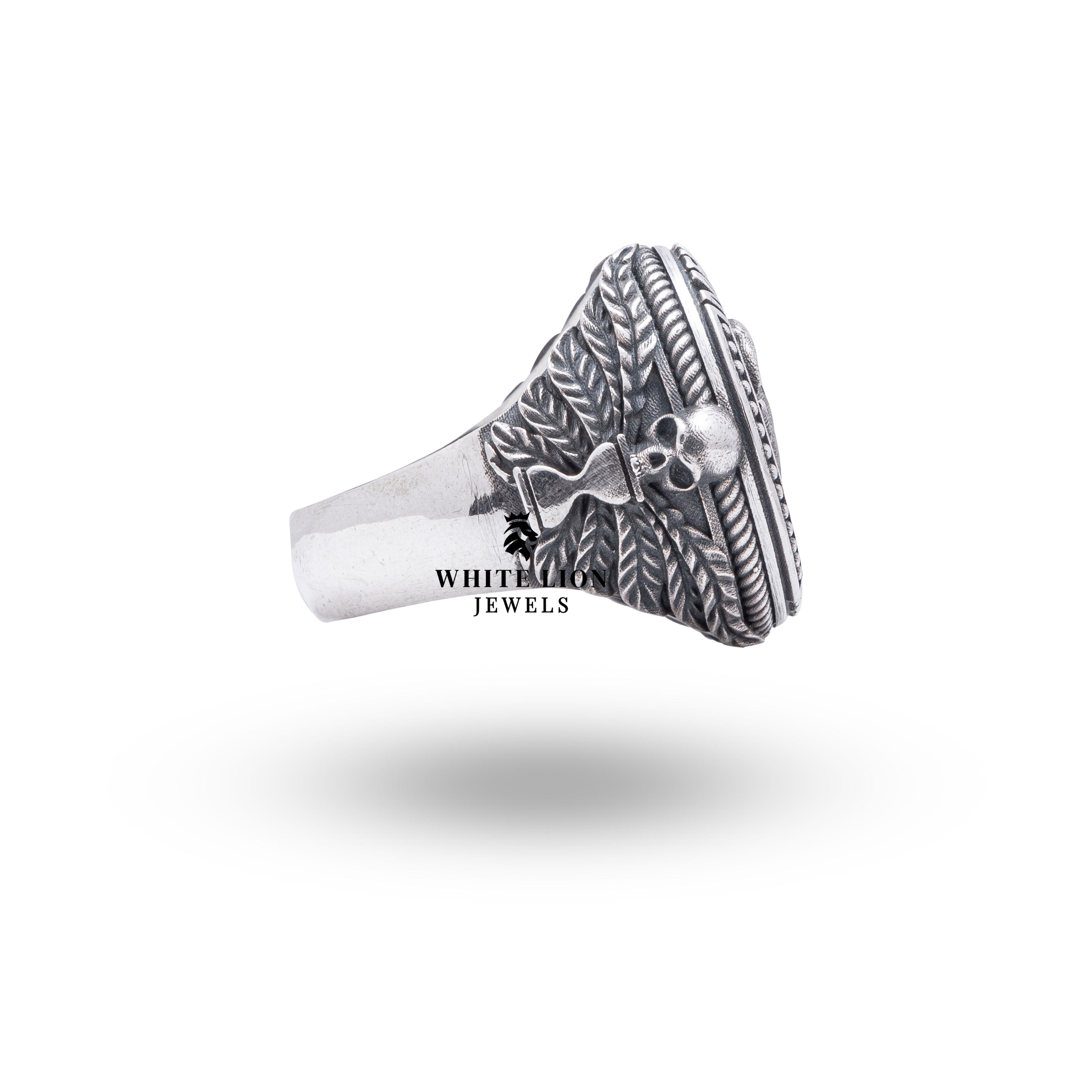 Side profile of Memento Mori Zodiac Aries 925 Sterling Silver Ring, illustrating its refined artisanal design